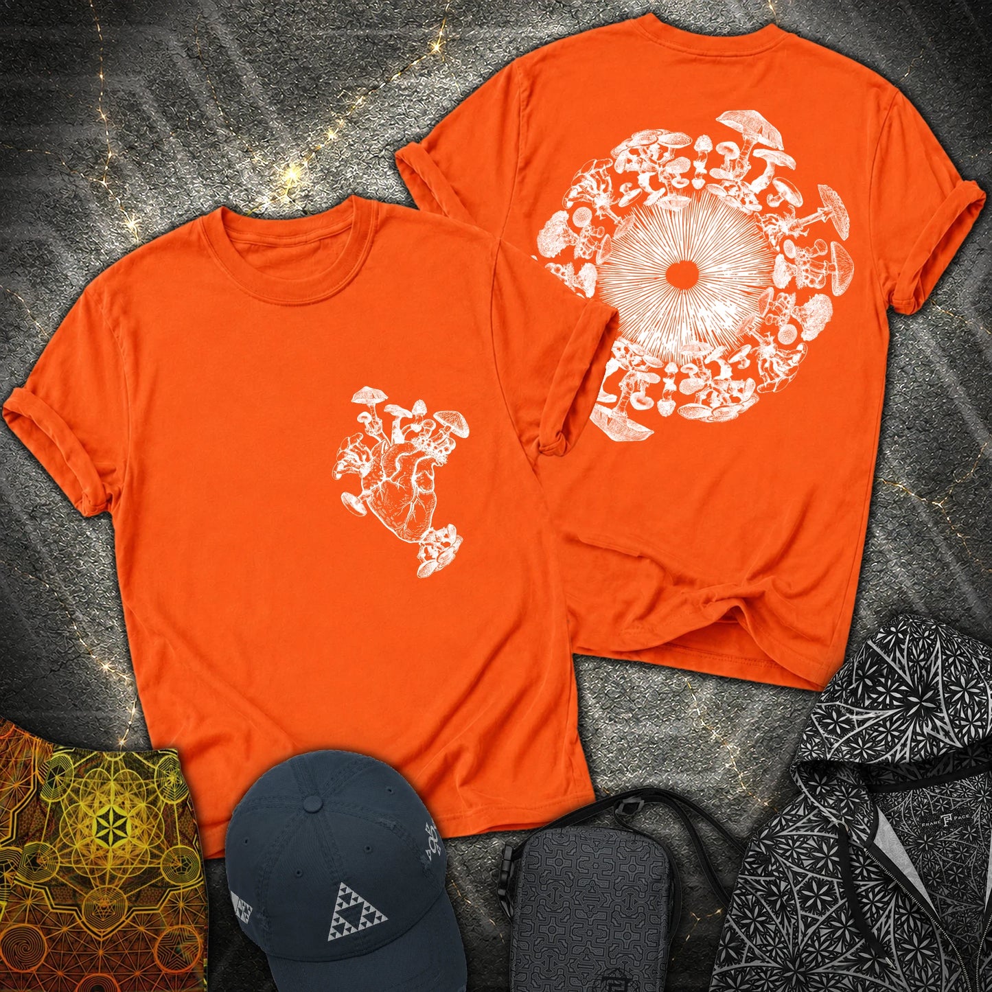 Mushroom Heart Mushroom Iris 2 Sided T-Shirt - Mushroom Heart Mushroom Iris 2 Sided T-Shirt - Orange