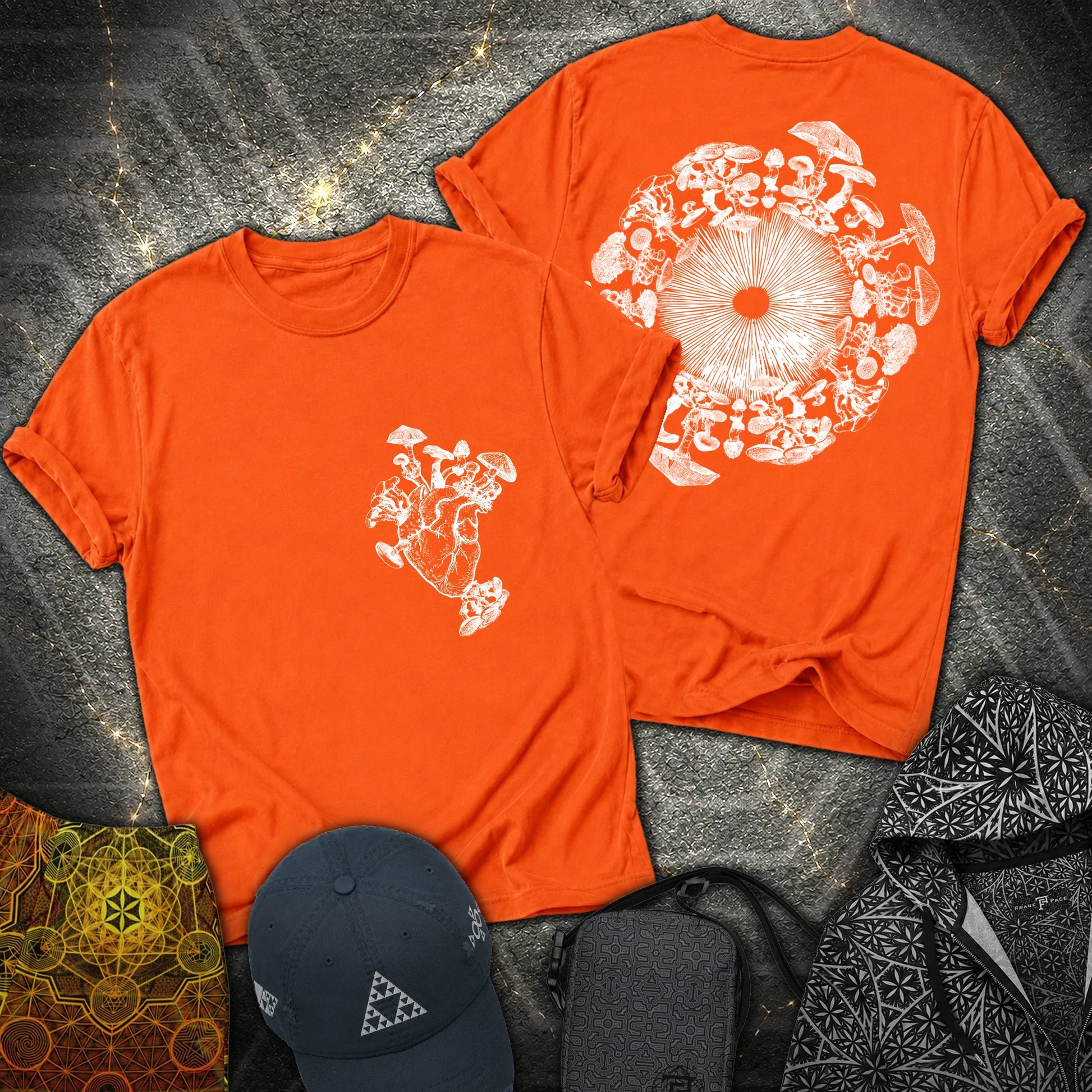 Mushroom Heart Mushroom Iris 2 Sided T-Shirt - Mushroom Heart Mushroom Iris 2 Sided T-Shirt - Orange