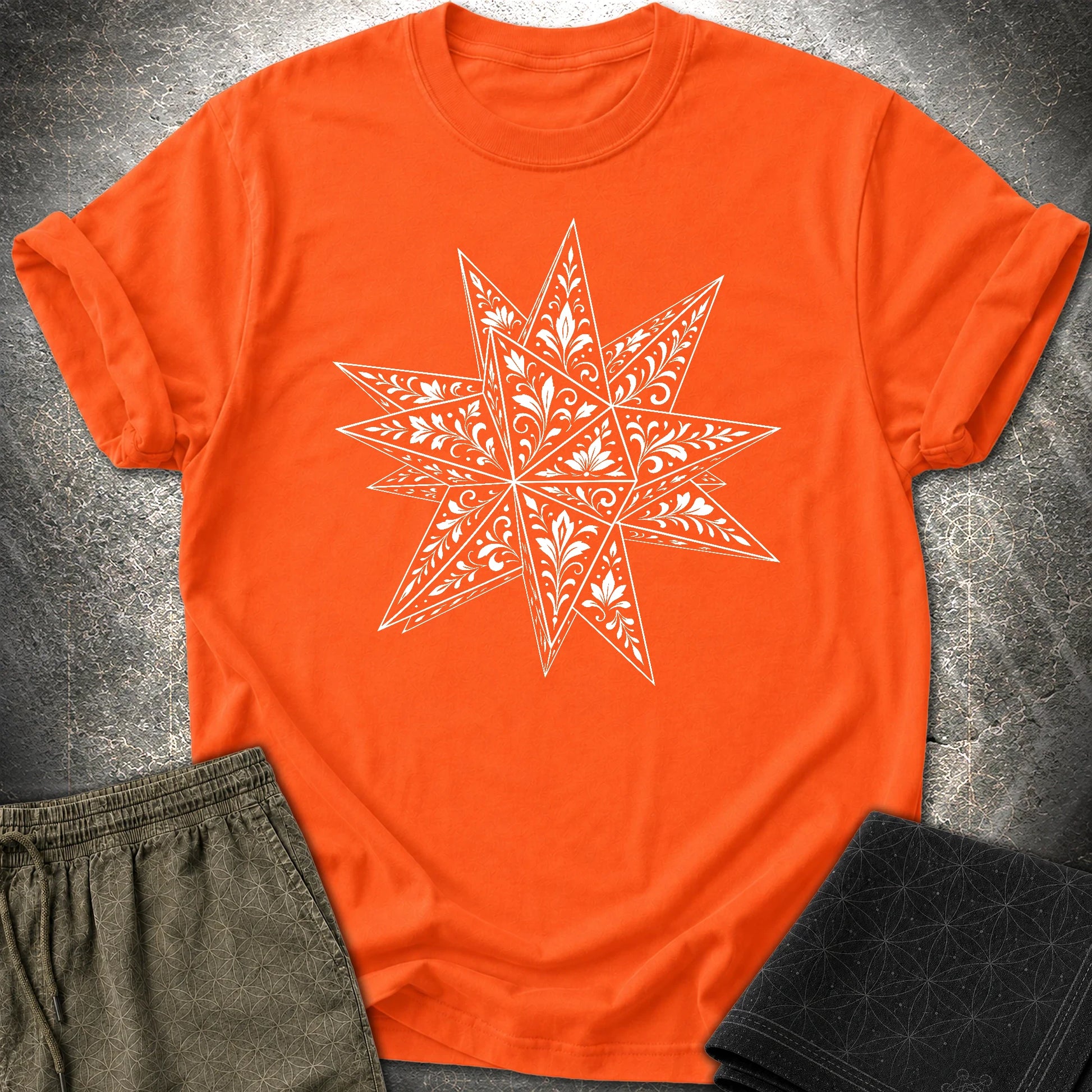 White Floral Stellated Dodecahedron T-Shirt - White Floral Stellated Dodecahedron T-Shirt - Orange