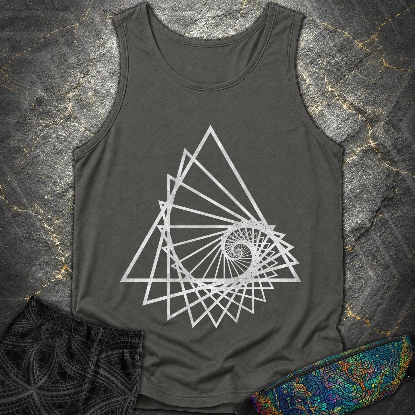 Spiralling Triangle Geometric T-Shirt - Spiralling Triangle Geometric Comfort Tank Top - Pepper