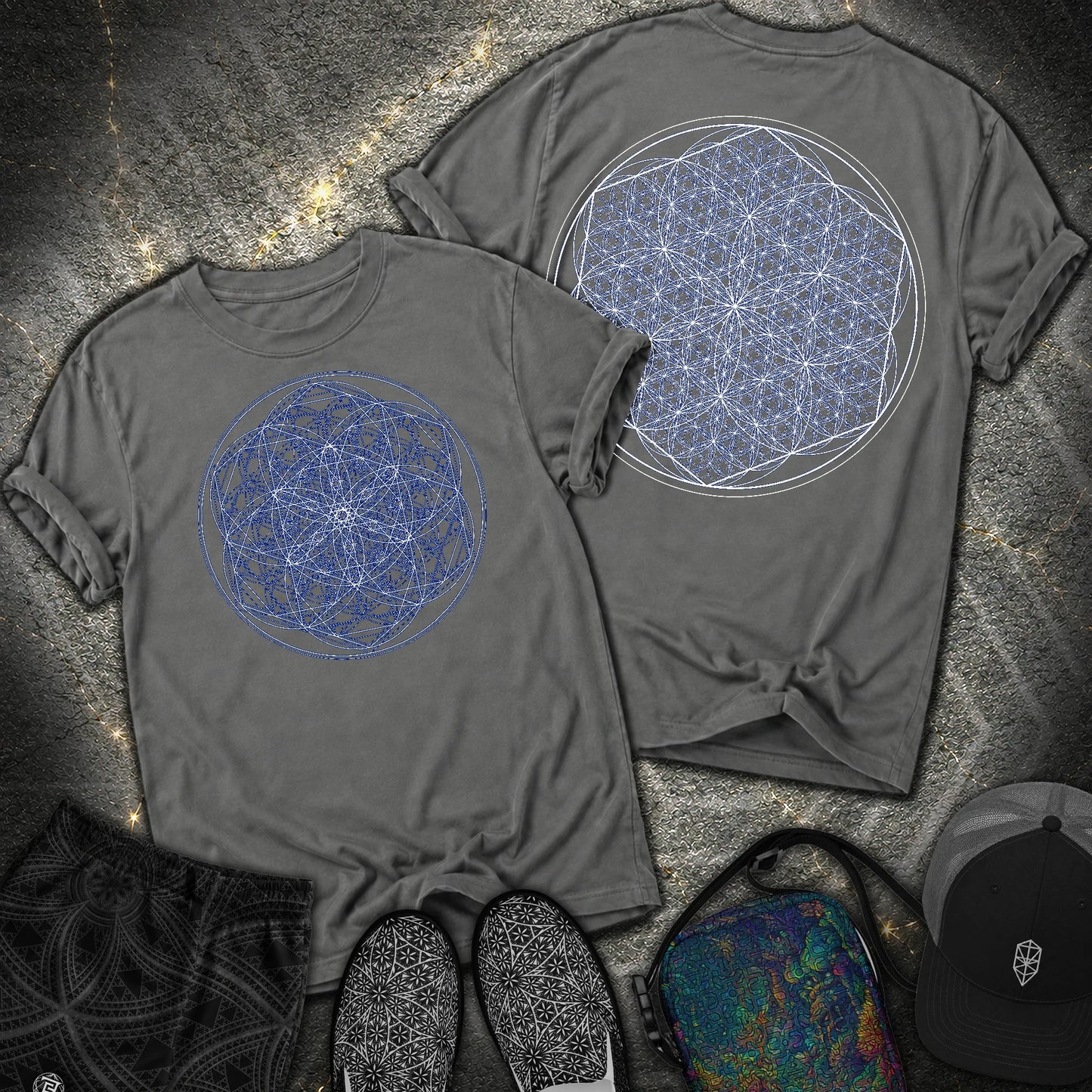 Sacred Flower Grids 2 Sided Comfort T-Shirt - Sacred Flower Grids 2 Sided Comfort T-Shirt - Pepper