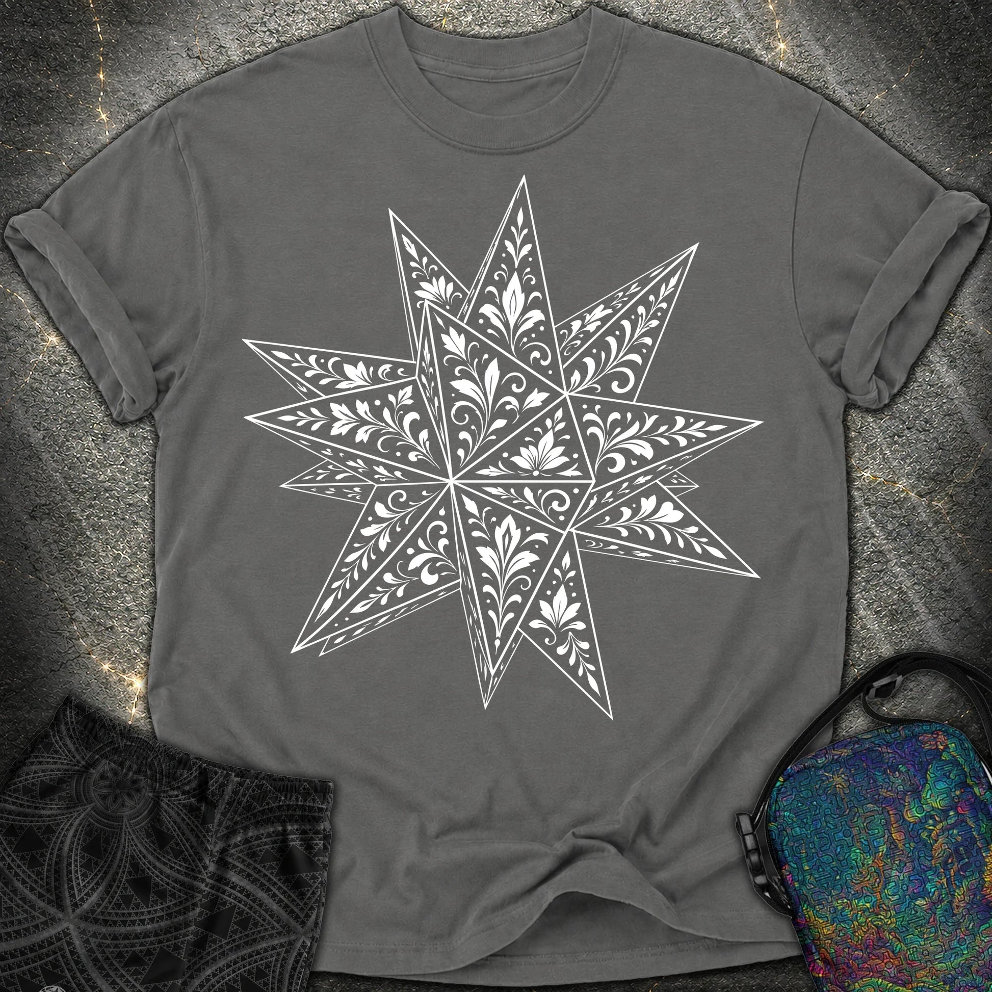 White Floral Stellated Dodecahedron - White Floral Stellated Dodecahedron Comfort T-Shirt - Pepper