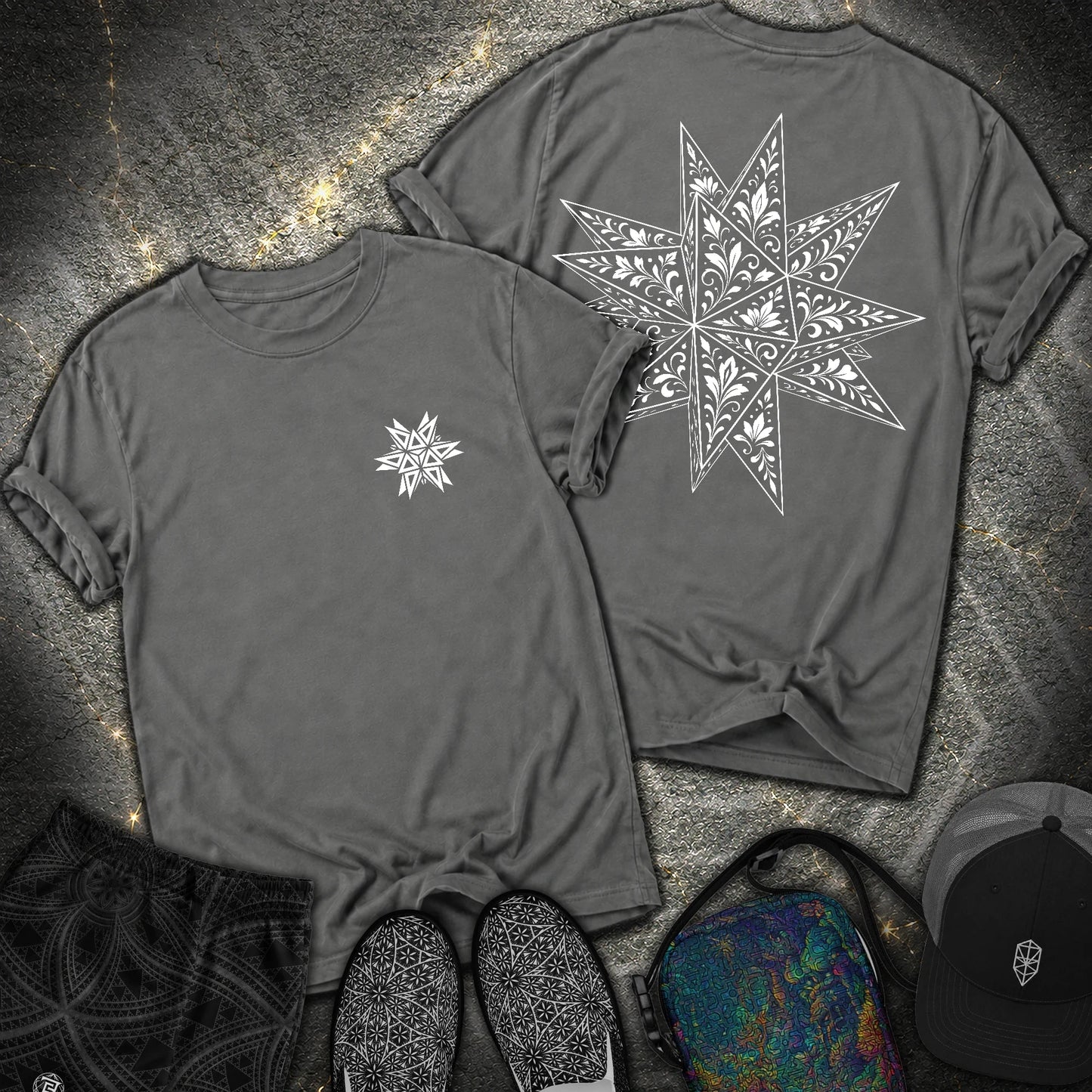 White Floral Stellated Dodecahedron 2 Sided Comfort T-Shirt - White Floral Stellated Dodecahedron 2 Sided Comfort T-Shirt - Pepper