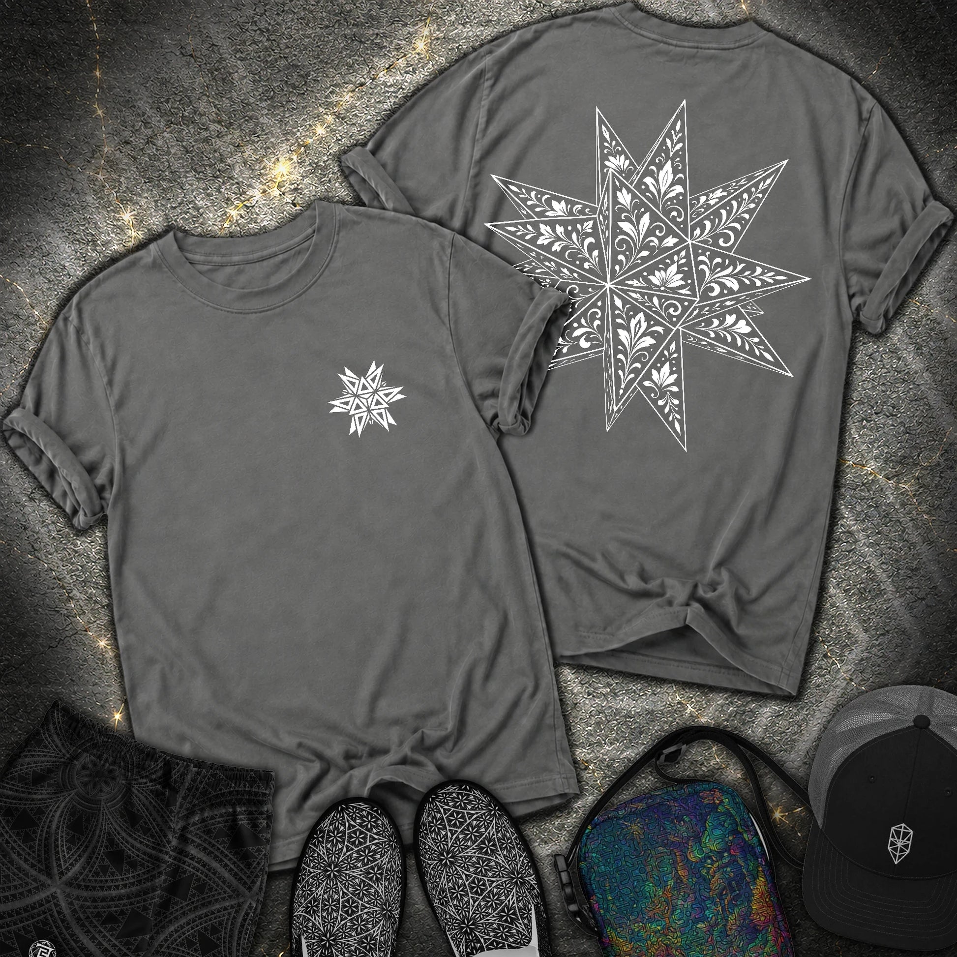 White Floral Stellated Dodecahedron 2 Sided Comfort T-Shirt - White Floral Stellated Dodecahedron 2 Sided Comfort T-Shirt - Pepper