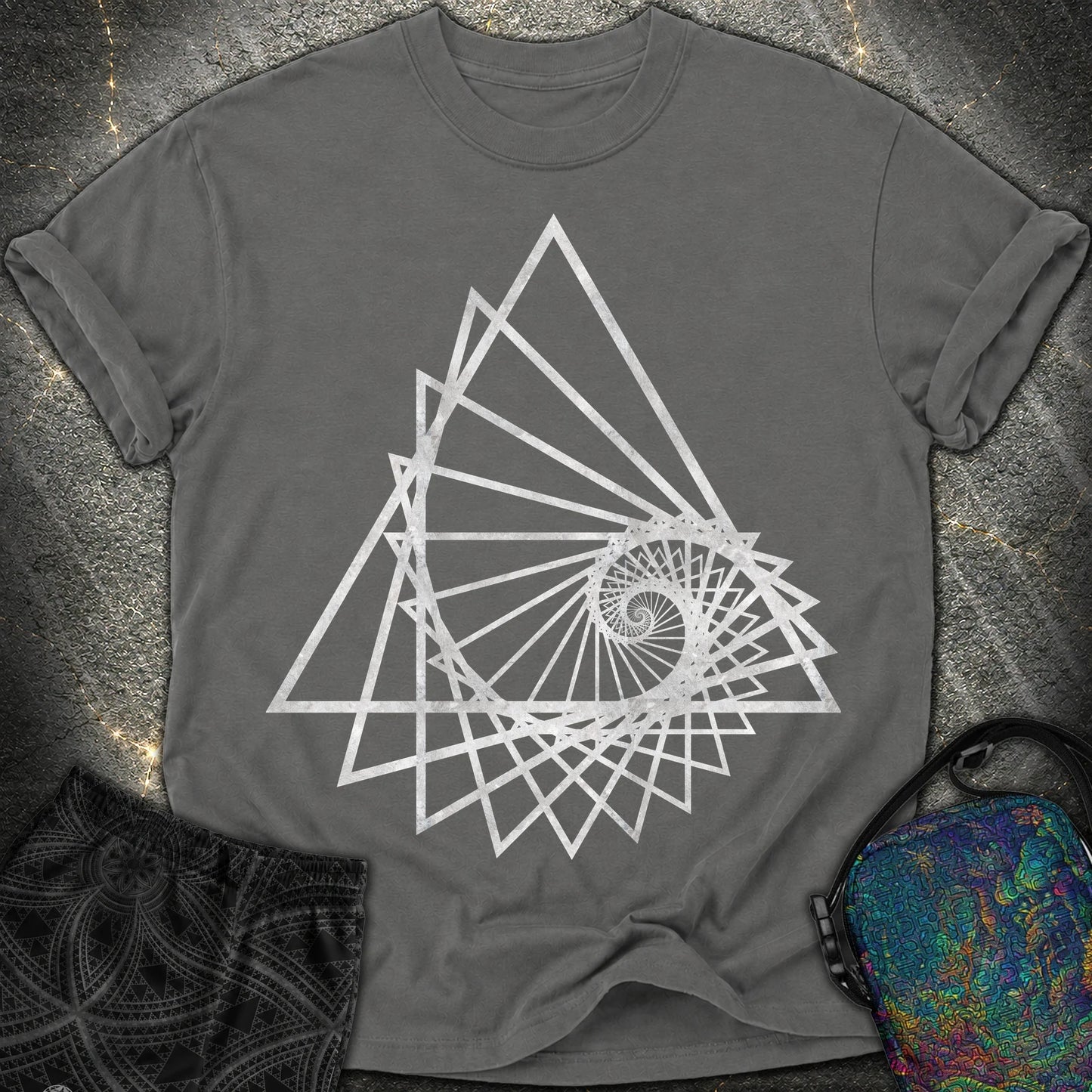 Spiralling Triangle Geometric T-Shirt - Spiralling Triangle Geometric Comfort T-Shirt - Pepper