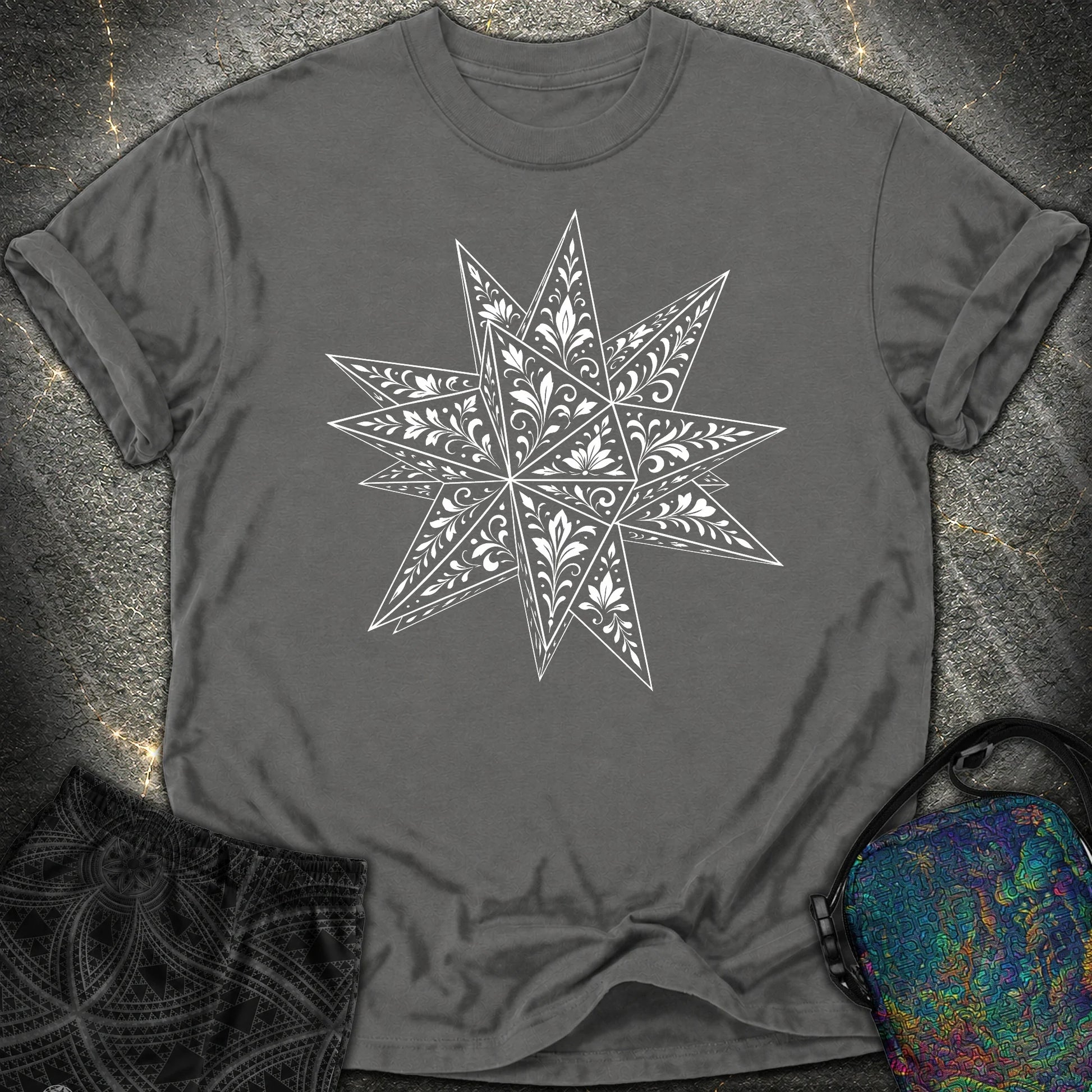 White Floral Stellated Dodecahedron Comfort T-Shirt - White Floral Stellated Dodecahedron Comfort T-Shirt - Pepper
