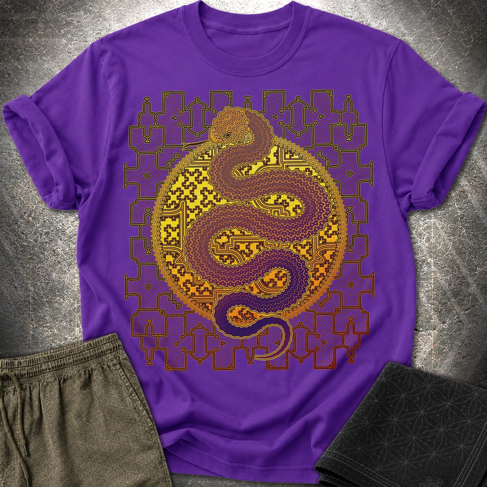 Shipibo Kene Cosmic Snake - Shipibo Kene Cosmic Snake T-Shirt - Purple
