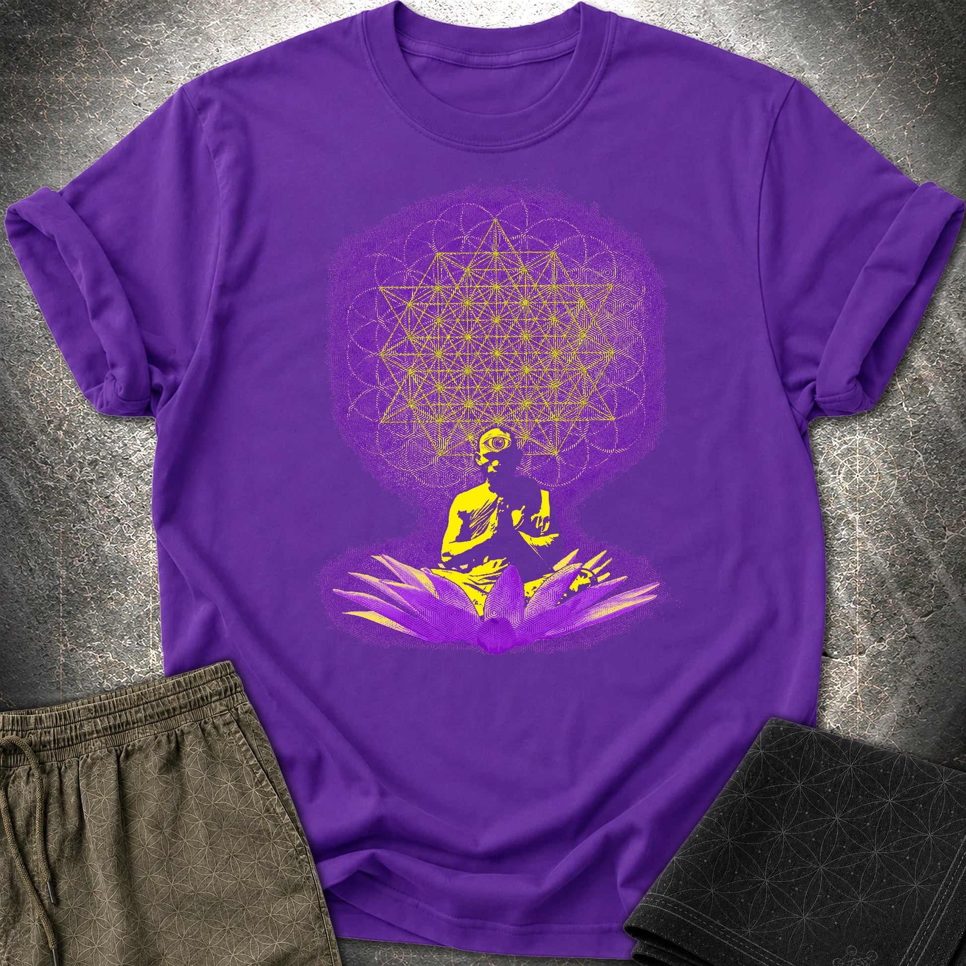 Meditating Monk Tetrahedron T-Shirt - Meditating Monk Tetrahedron T-Shirt - Purple