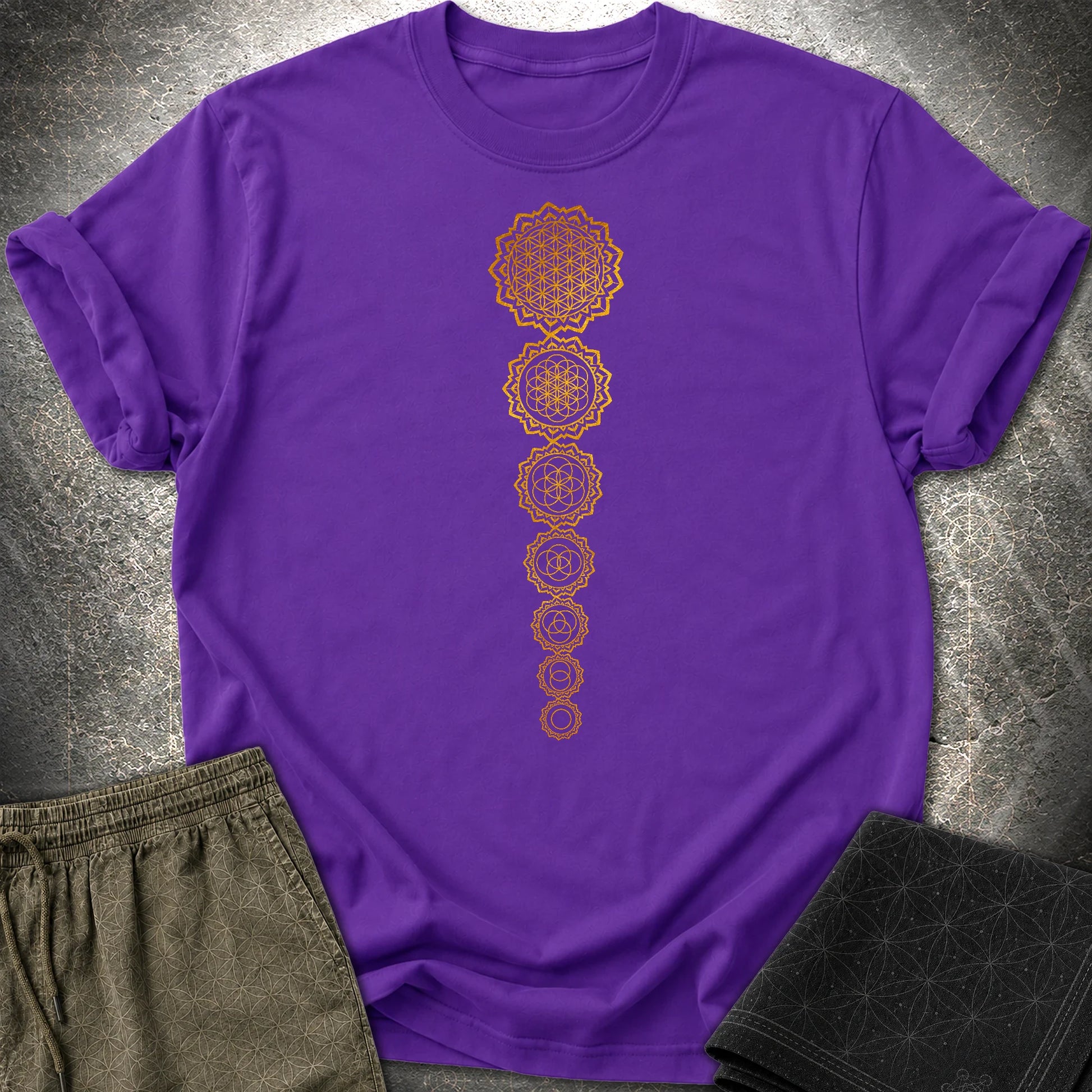 Gold Flower Of lIfe Chakras T-Shirt - Gold Flower Of lIfe Chakras T-Shirt - Purple
