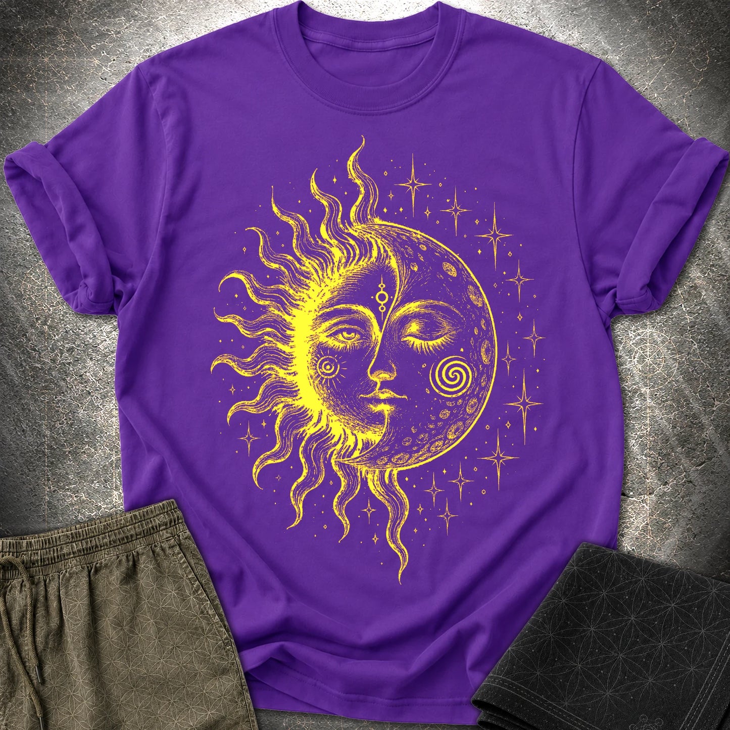 Celestial Sun Moon T-Shirt, Mystic Duality Shirt, Spiritual Cosmic Graphic Tee - Celestial Sun Moon T-Shirt, Mystic Duality Shirt, Spiritual Cosmic Graphic Tee - Purple