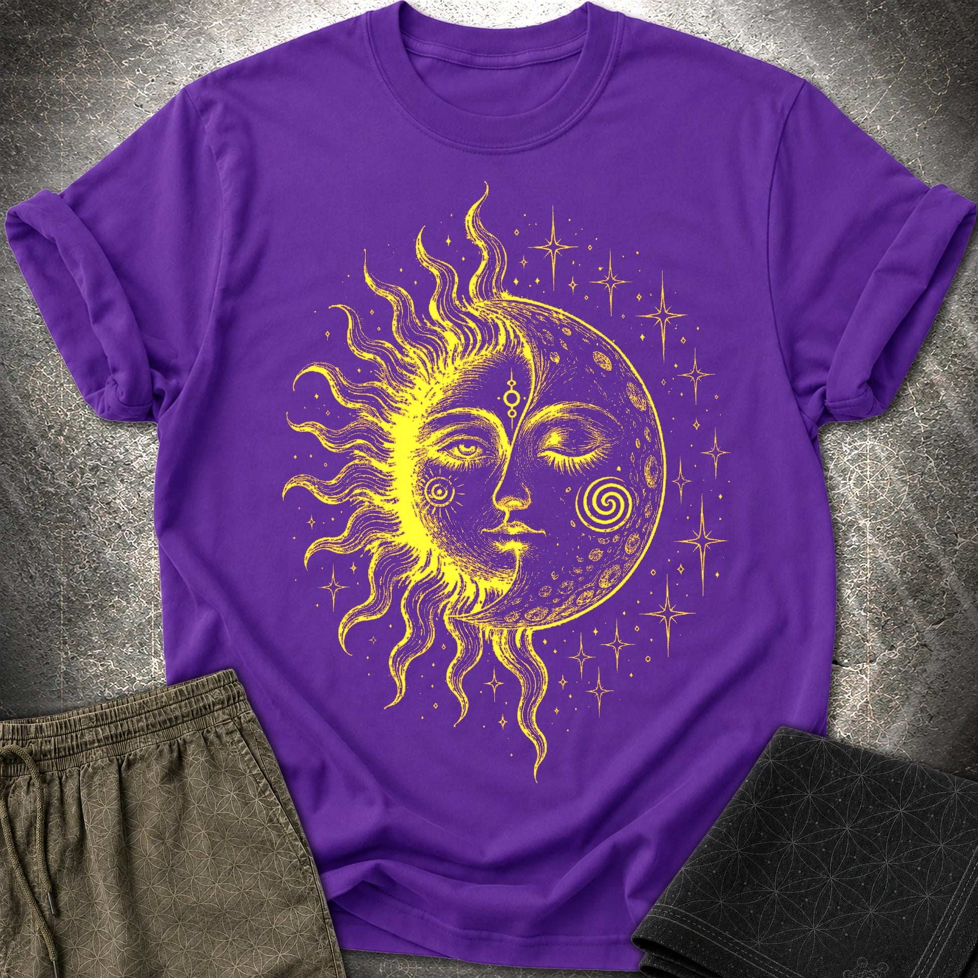 Celestial Sun Moon T-Shirt, Mystic Duality Shirt, Spiritual Cosmic Graphic Tee - Celestial Sun Moon T-Shirt, Mystic Duality Shirt, Spiritual Cosmic Graphic Tee - Purple