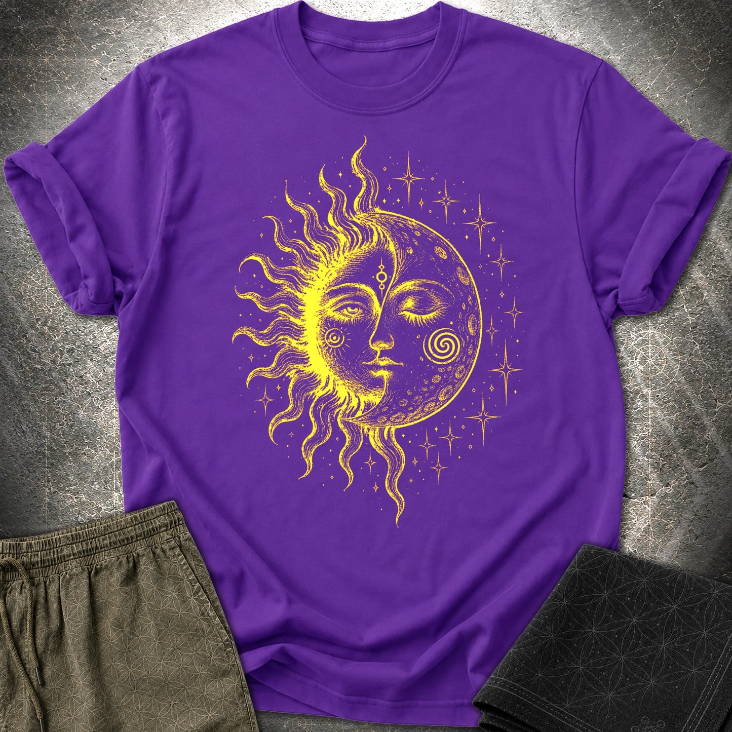 Celestial Sun Moon T-Shirt, Mystic Duality Shirt, Spiritual Cosmic Graphic Tee - Celestial Sun Moon T-Shirt, Mystic Duality Shirt, Spiritual Cosmic Graphic Tee - Purple