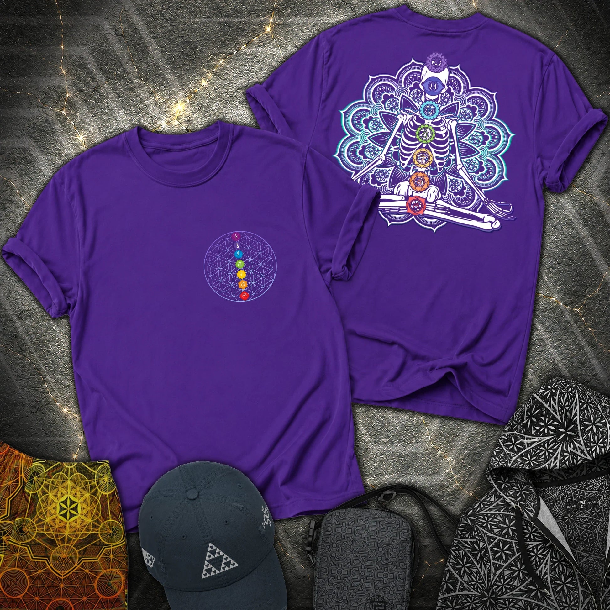 We Are One Meditating Skeleton 2 Sided T-Shirt - We Are One Meditating Skeleton 2 Sided T-Shirt - Purple