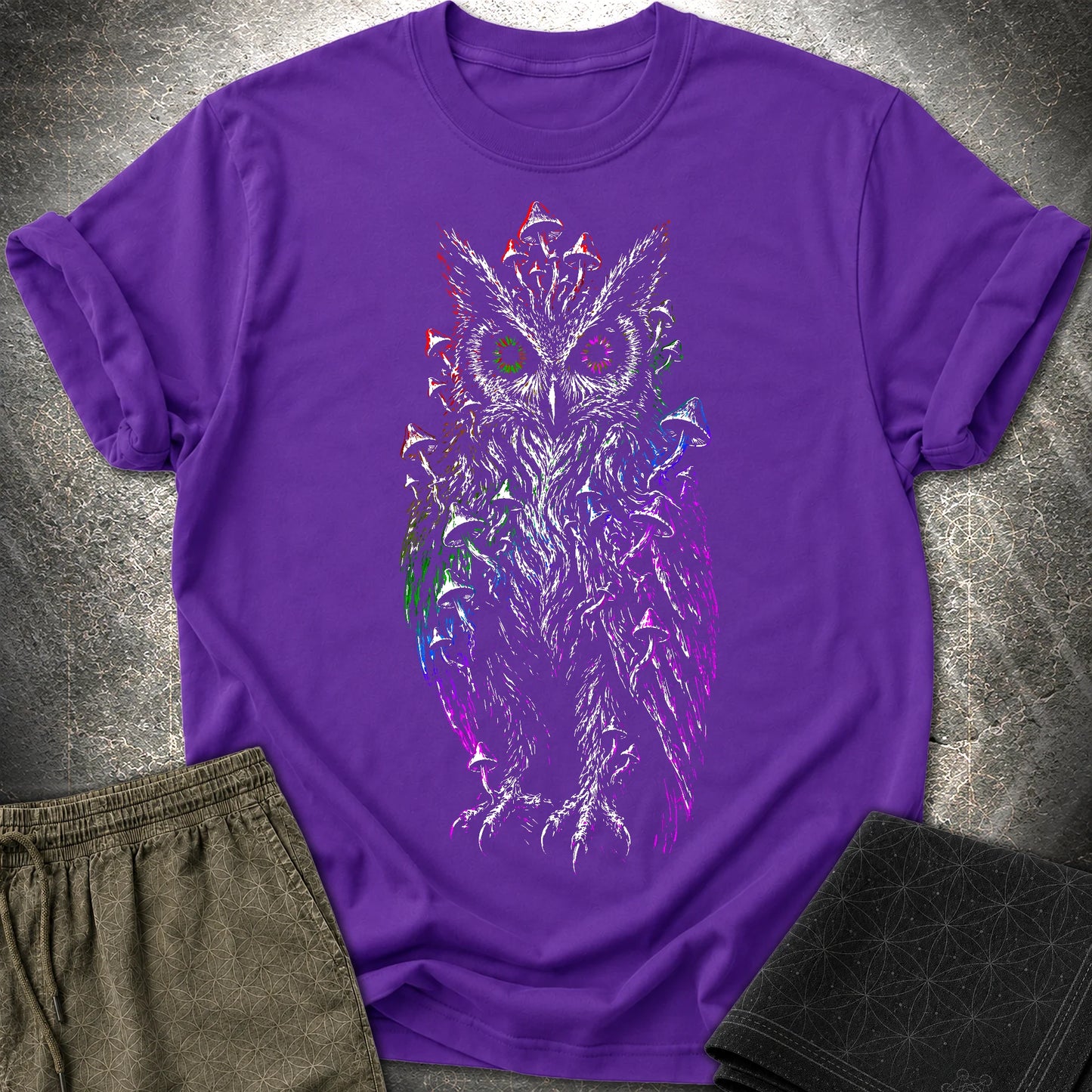Trippy Mushroom Owl T-Shirt - Trippy Mushroom Owl T-Shirt - Purple