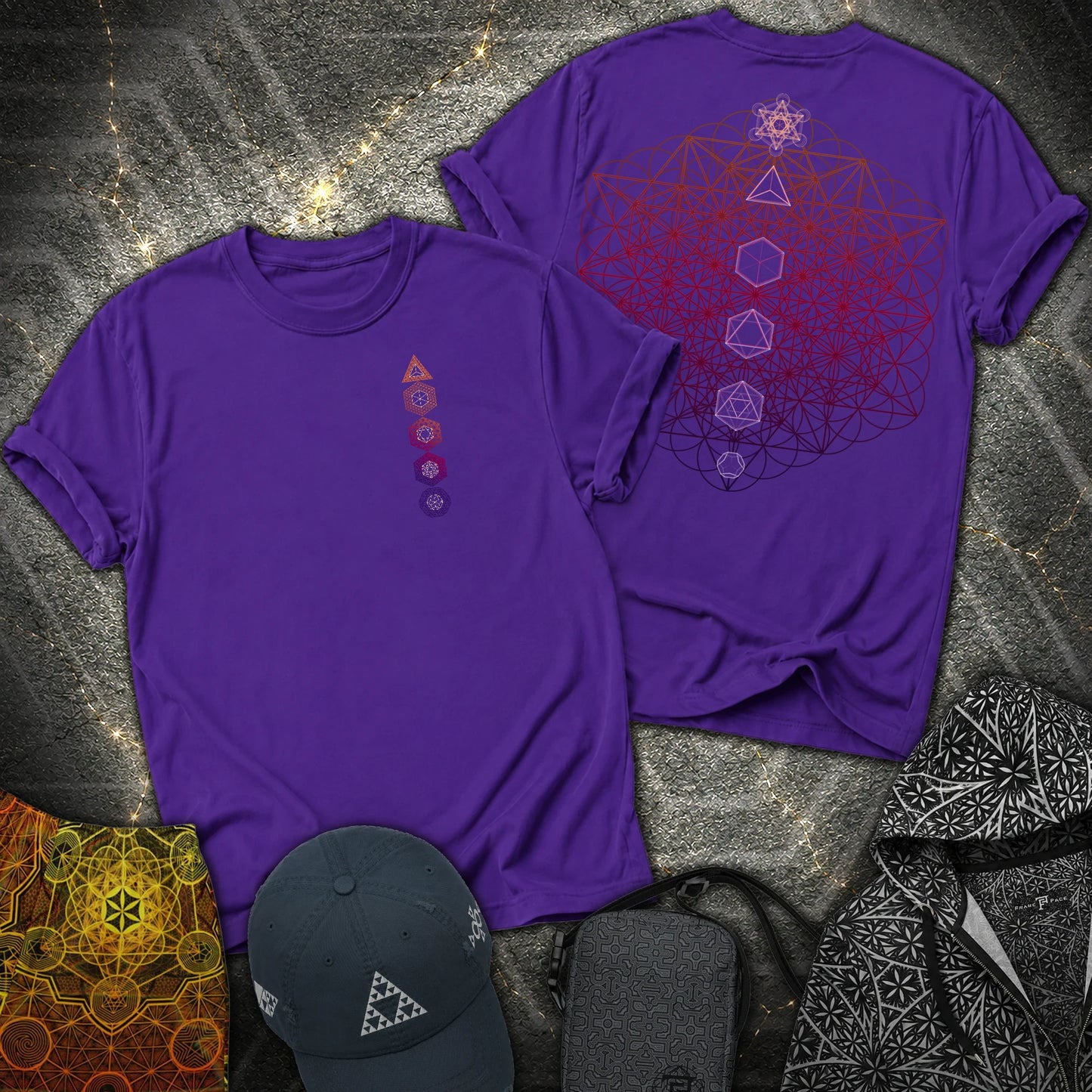 64 Tetrahedron Platonic Solids Metatron 2 Sided T-Shirt - 64 Tetrahedron Platonic Solids Metatron 2 Sided T-Shirt - Purple