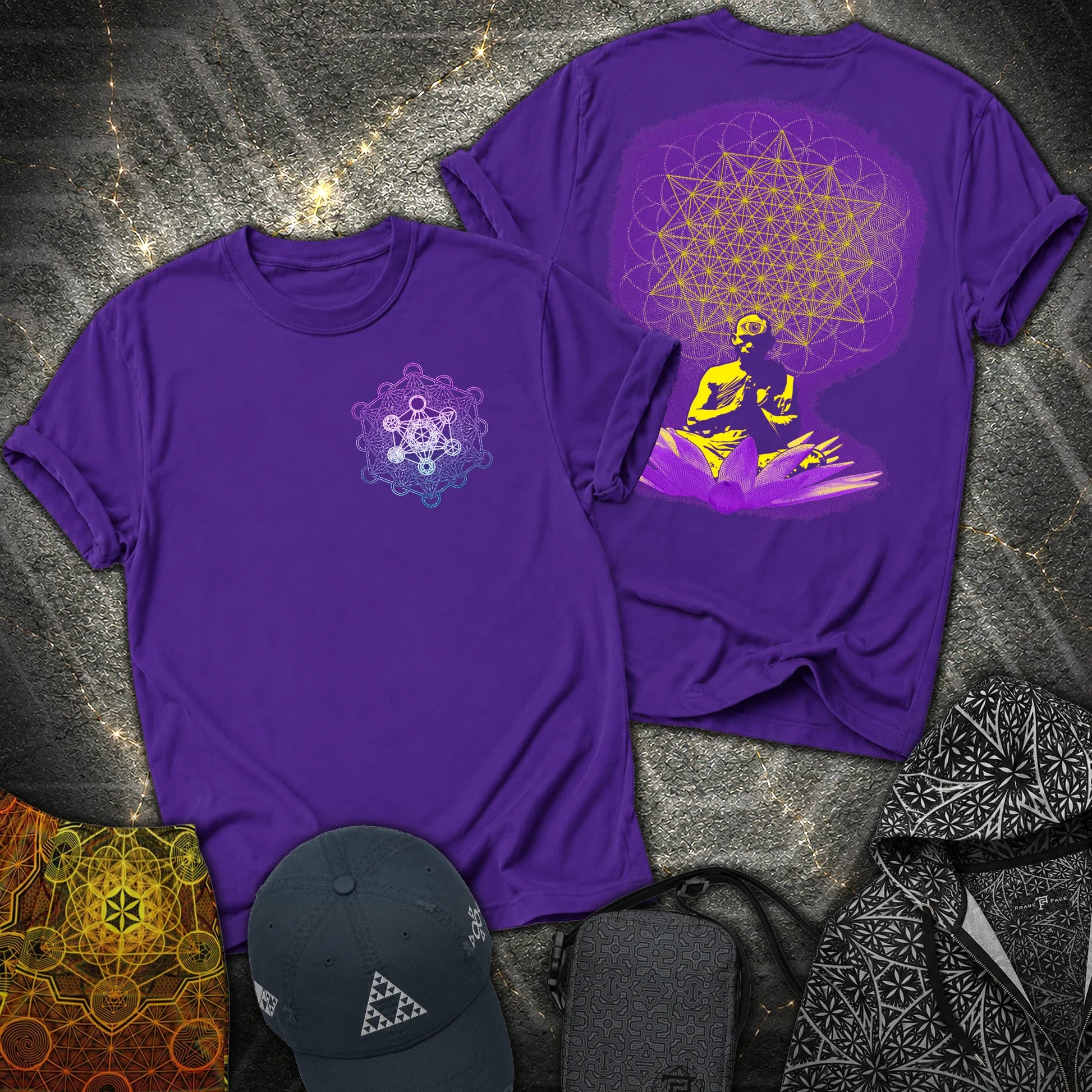 Meditating Monk Tetrahedron Metatron 2 Sided T-Shirt - Meditating Monk Tetrahedron Metatron 2 Sided T-Shirt - Purple