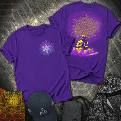 Meditating Monk Tetrahedron Metatron 2 Sided T-Shirt - Meditating Monk Tetrahedron Metatron 2 Sided T-Shirt - Purple