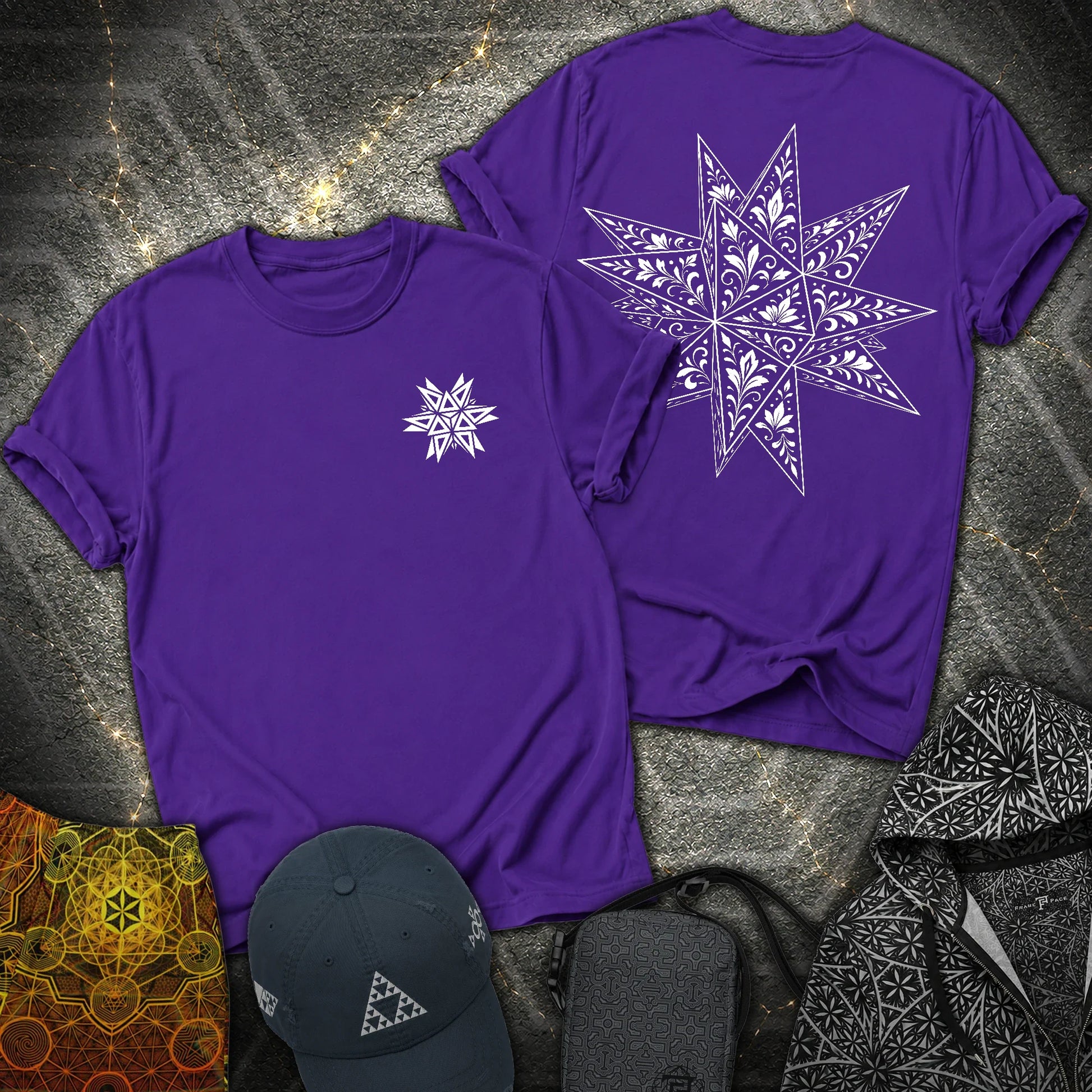 White Floral Stellated Dodecahedron 2 Sided T-Shirt - White Floral Stellated Dodecahedron 2 Sided T-Shirt - Purple