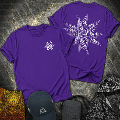 White Floral Stellated Dodecahedron 2 Sided T-Shirt - White Floral Stellated Dodecahedron 2 Sided T-Shirt - Purple