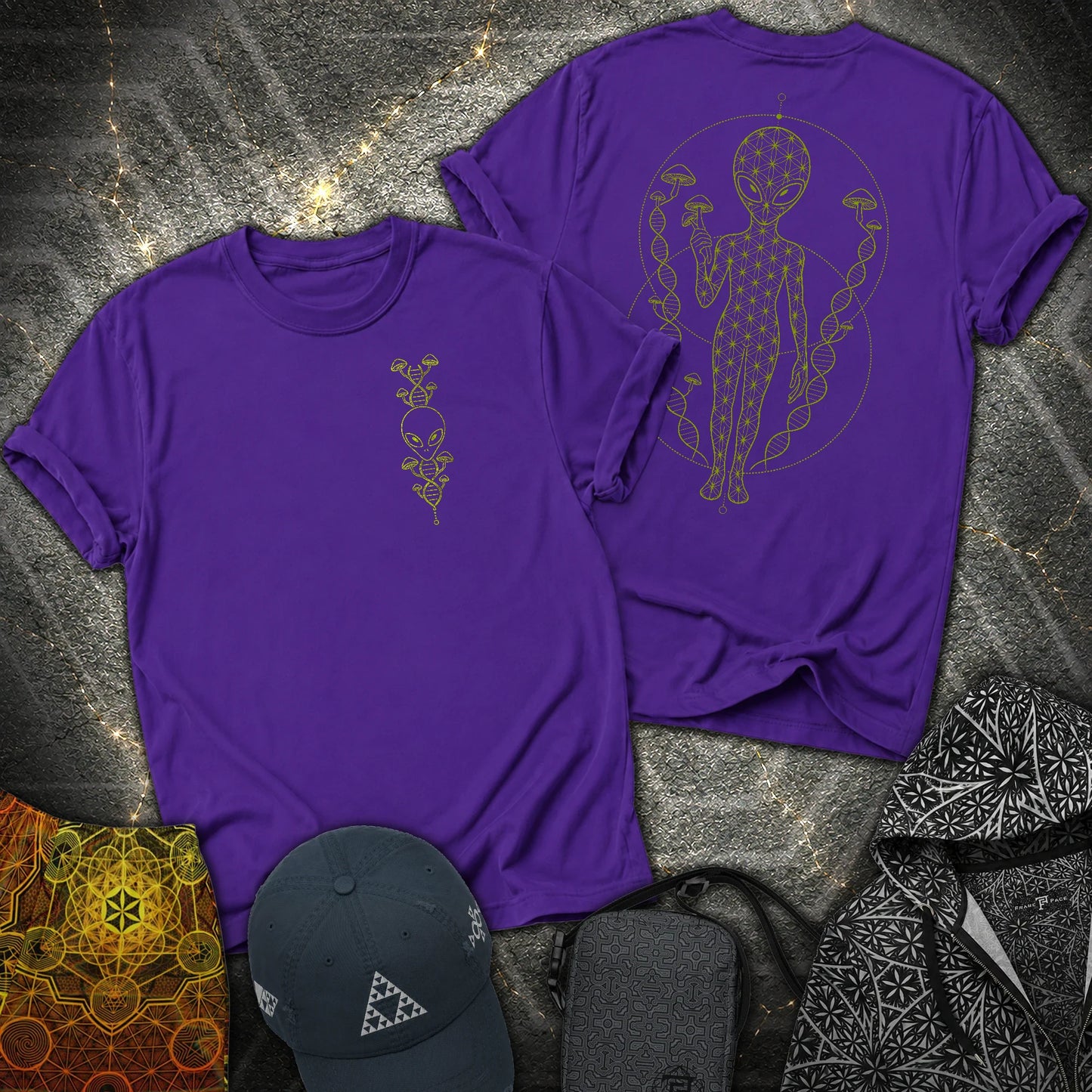 Alien Mushroom DNA 2 Sided T-Shirt - Alien Mushroom DNA 2 Sided T-Shirt - Purple