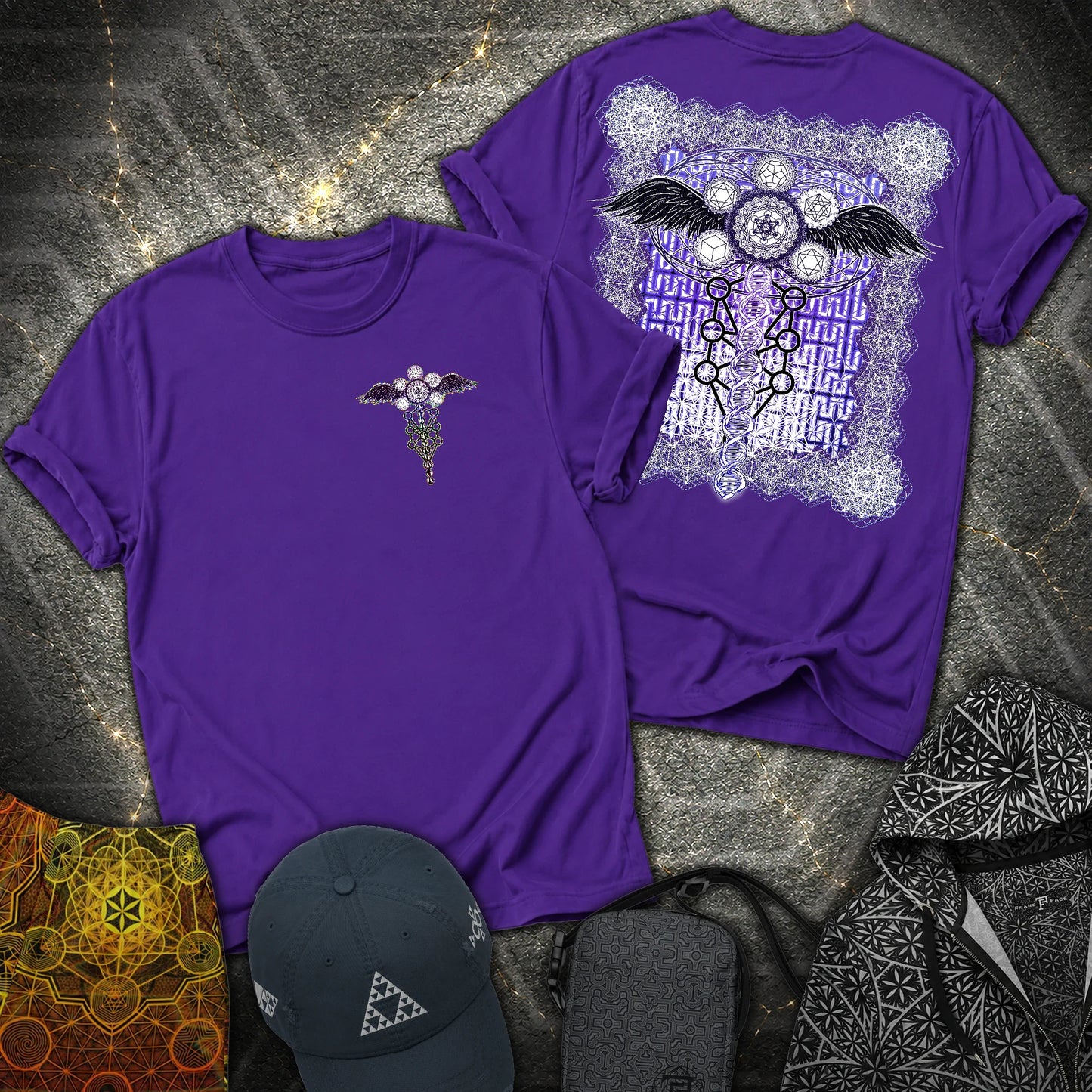 Winged Metatron DNA 2 Sided T-Shirt - Winged Metatron DNA 2 Sided T-Shirt - Purple