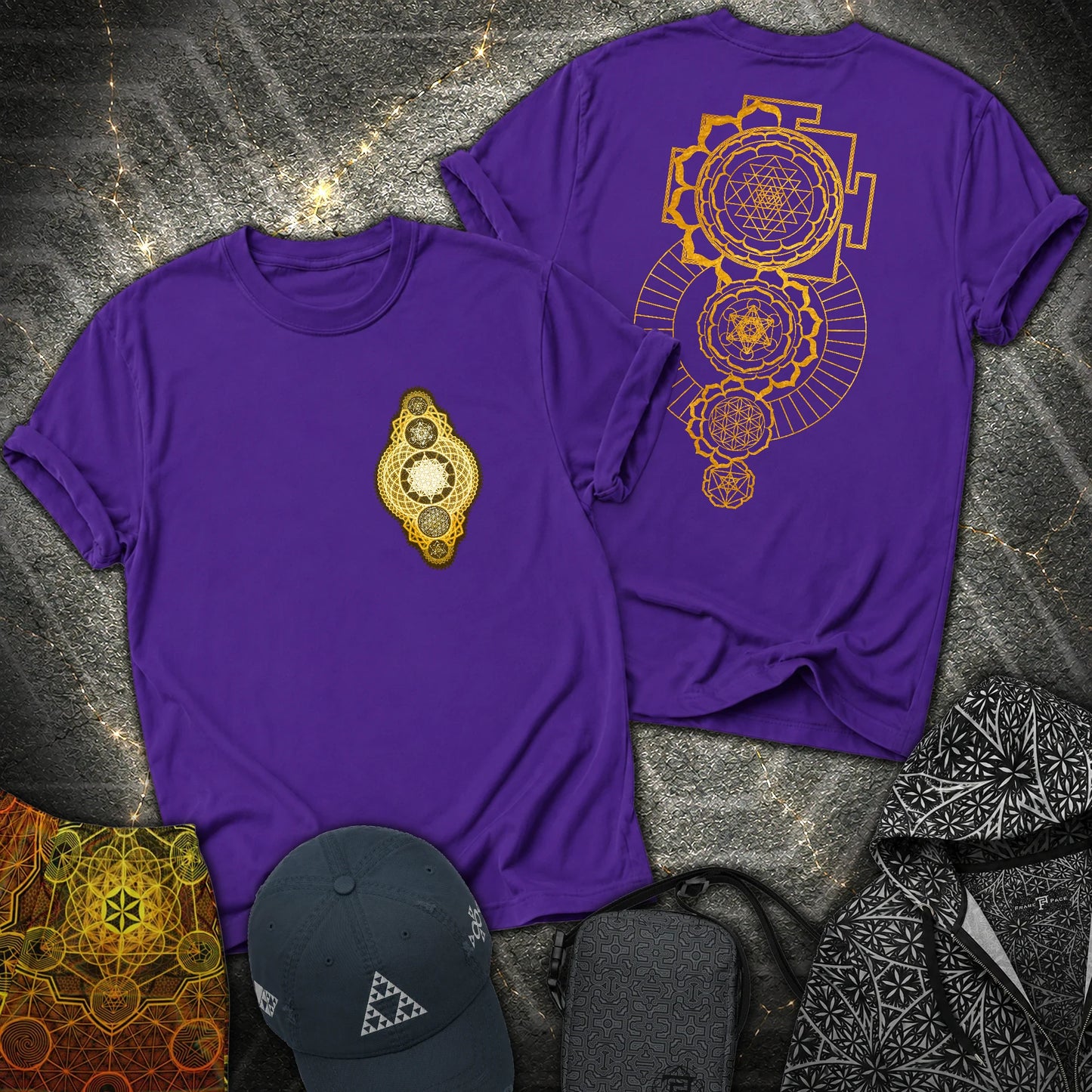 Gold Sacred Geometry Sri Yantra 2 Sided T-Shirt - Gold Sacred Geometry Sri Yantra 2 Sided T-Shirt - Purple