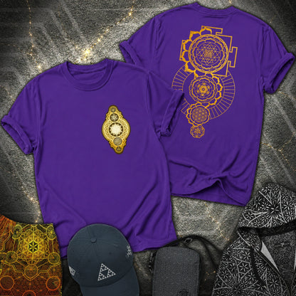Gold Sacred Geometry Sri Yantra 2 Sided T-Shirt - Gold Sacred Geometry Sri Yantra 2 Sided T-Shirt - Purple