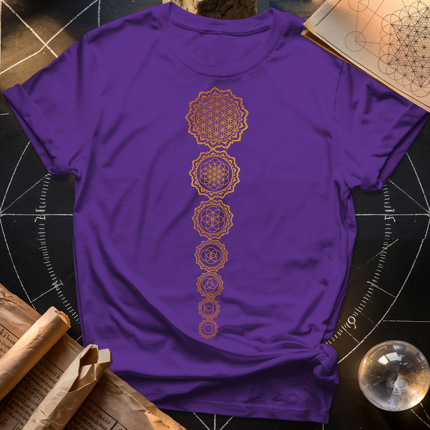 Gold Flower Of lIfe Chakras T-Shirt