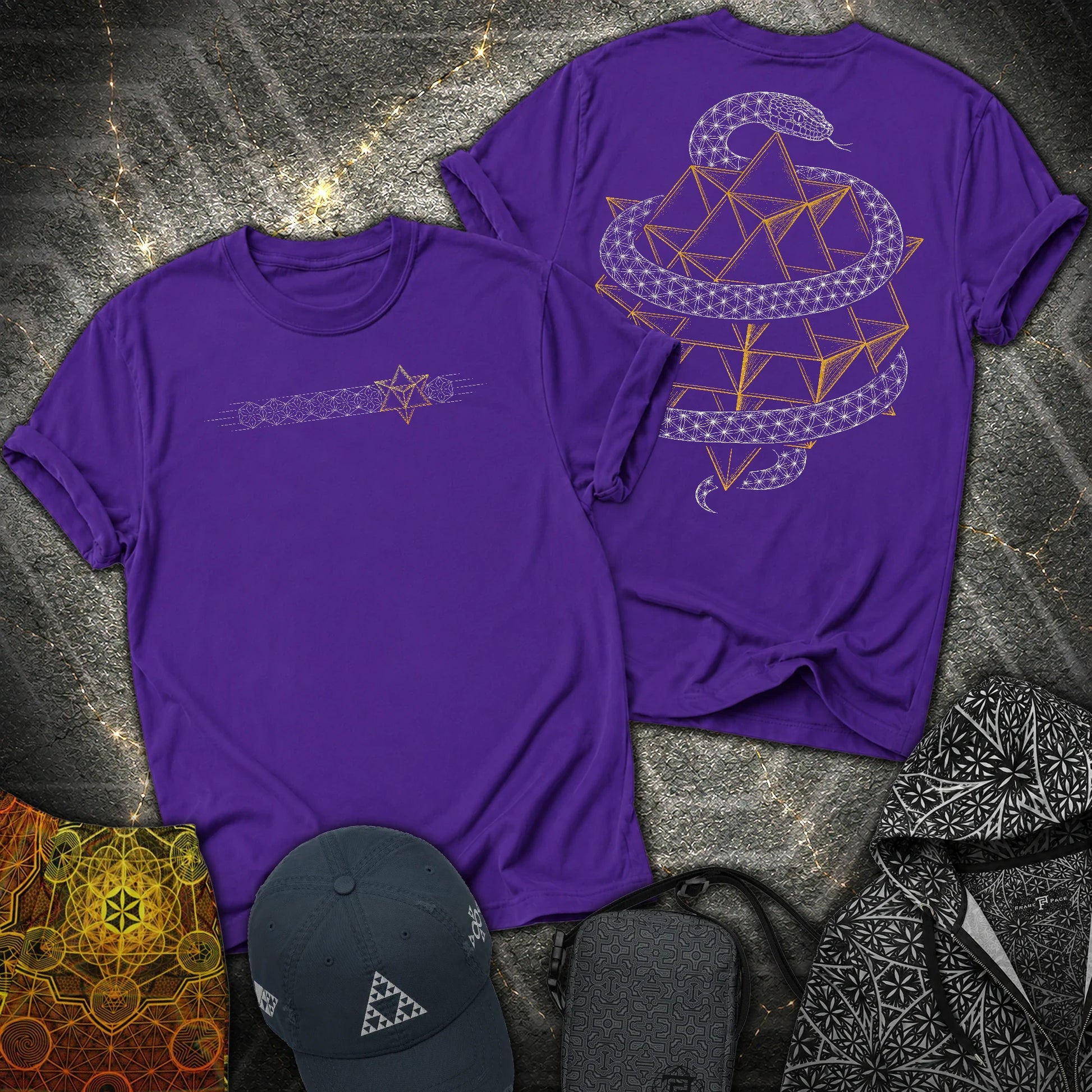 Serpent Tetrahedron Merkaba Geometry 2 Sided T-Shirt - Serpent Tetrahedron Merkaba Geometry 2 Sided T-Shirt - Purple
