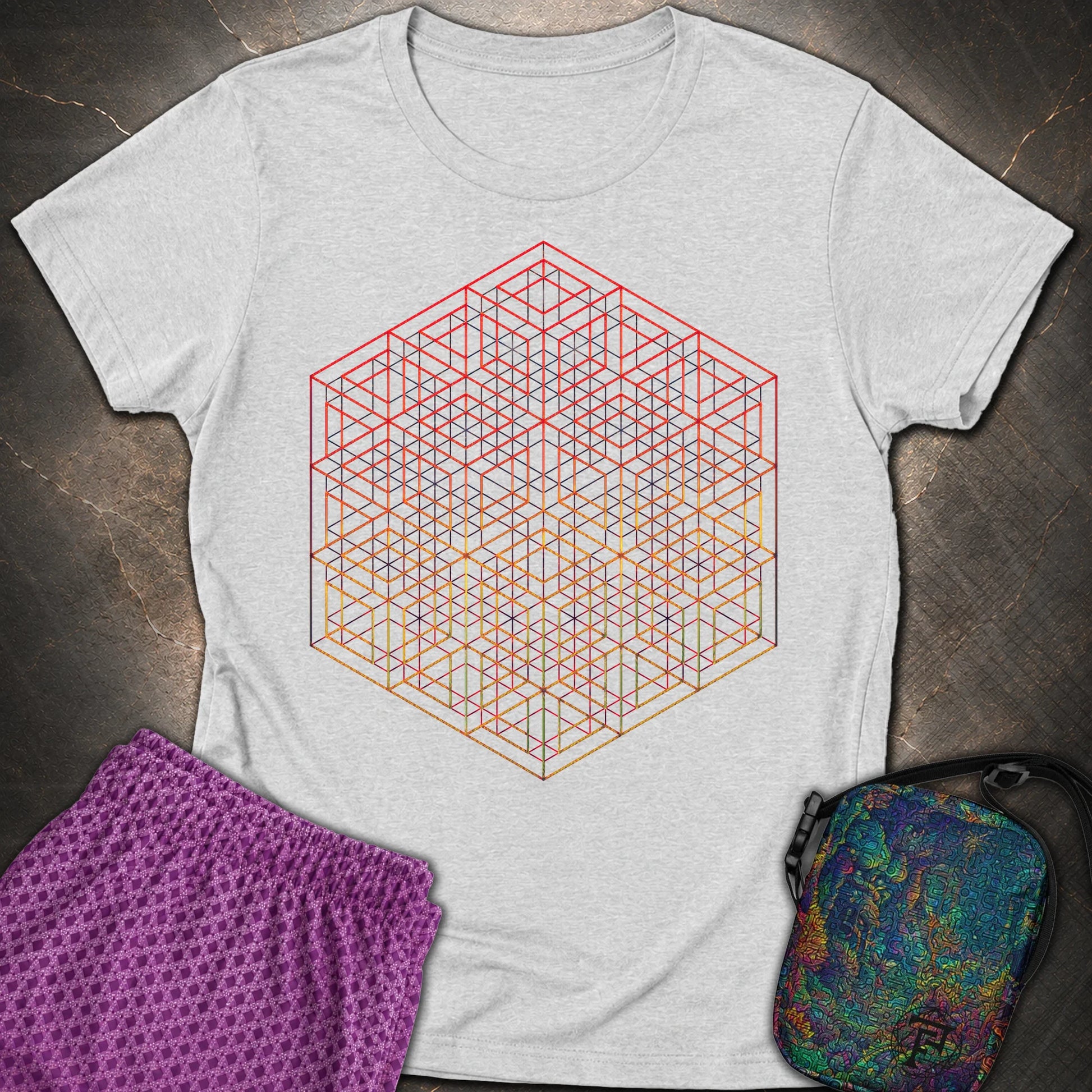 3D Wireframe Cube T-Shirt - 3D Wireframe Cube Womens T-Shirt - RS Sport Grey