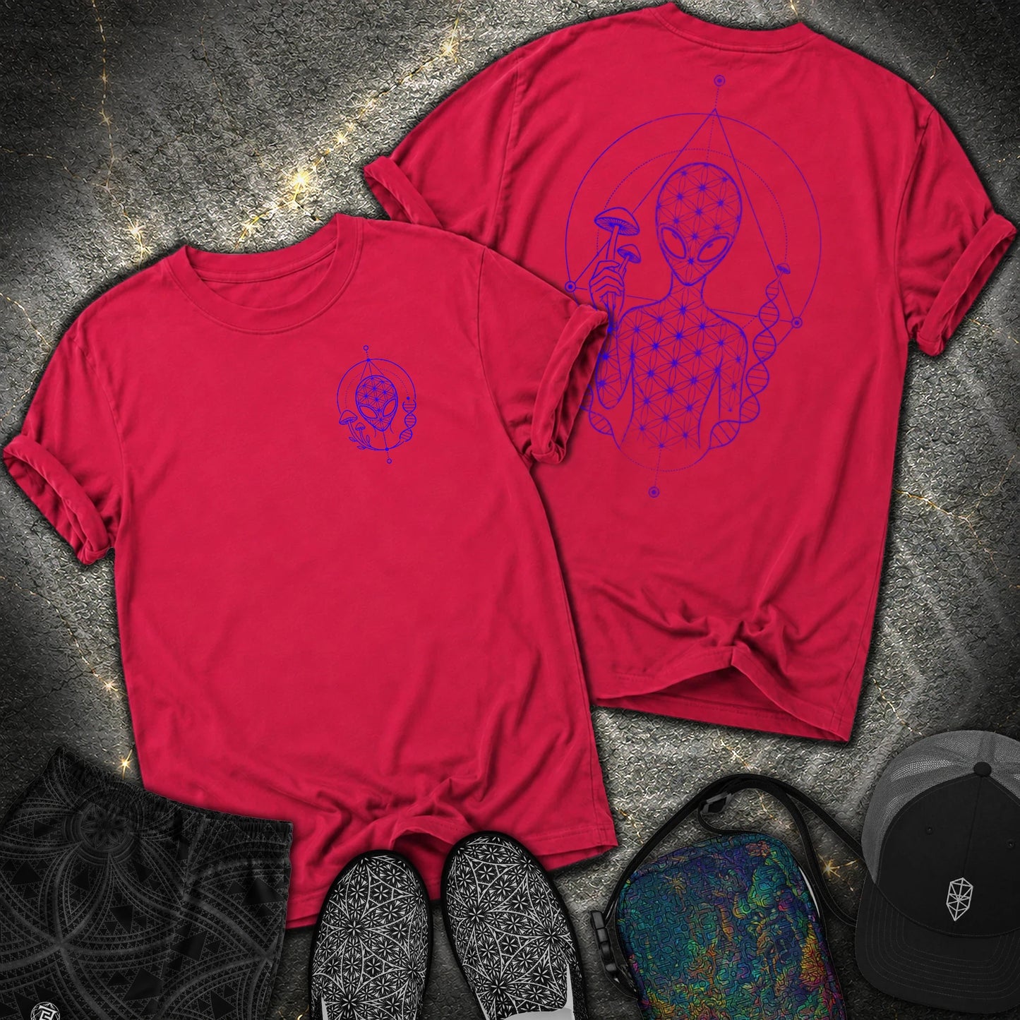 Alien Mushroom Shirt, Sacred Geometry Mushroom Alien 2 Sided T-Shirt - Alien Mushroom Shirt, Sacred Geometry Mushroom Alien 2 Sided Comfort T-Shirt - Red