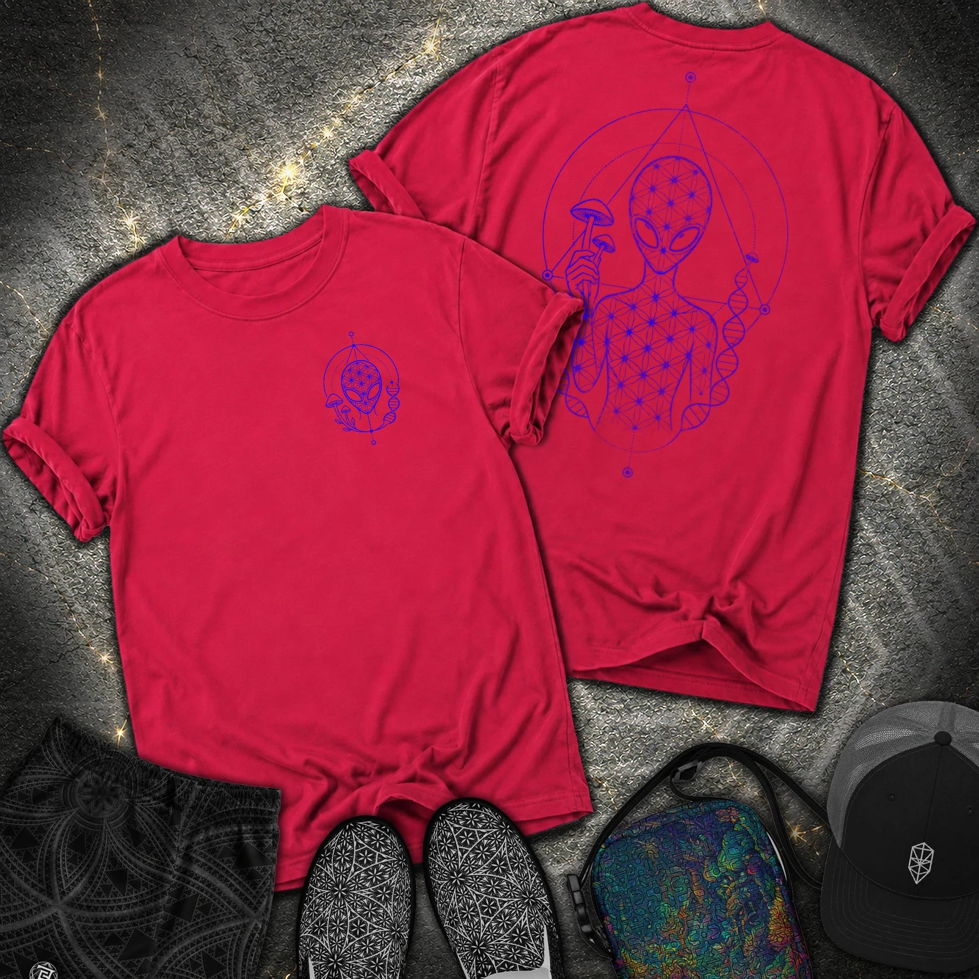 Alien Mushroom Shirt, Sacred Geometry Mushroom Alien 2 Sided T-Shirt - Alien Mushroom Shirt, Sacred Geometry Mushroom Alien 2 Sided Comfort T-Shirt - Red