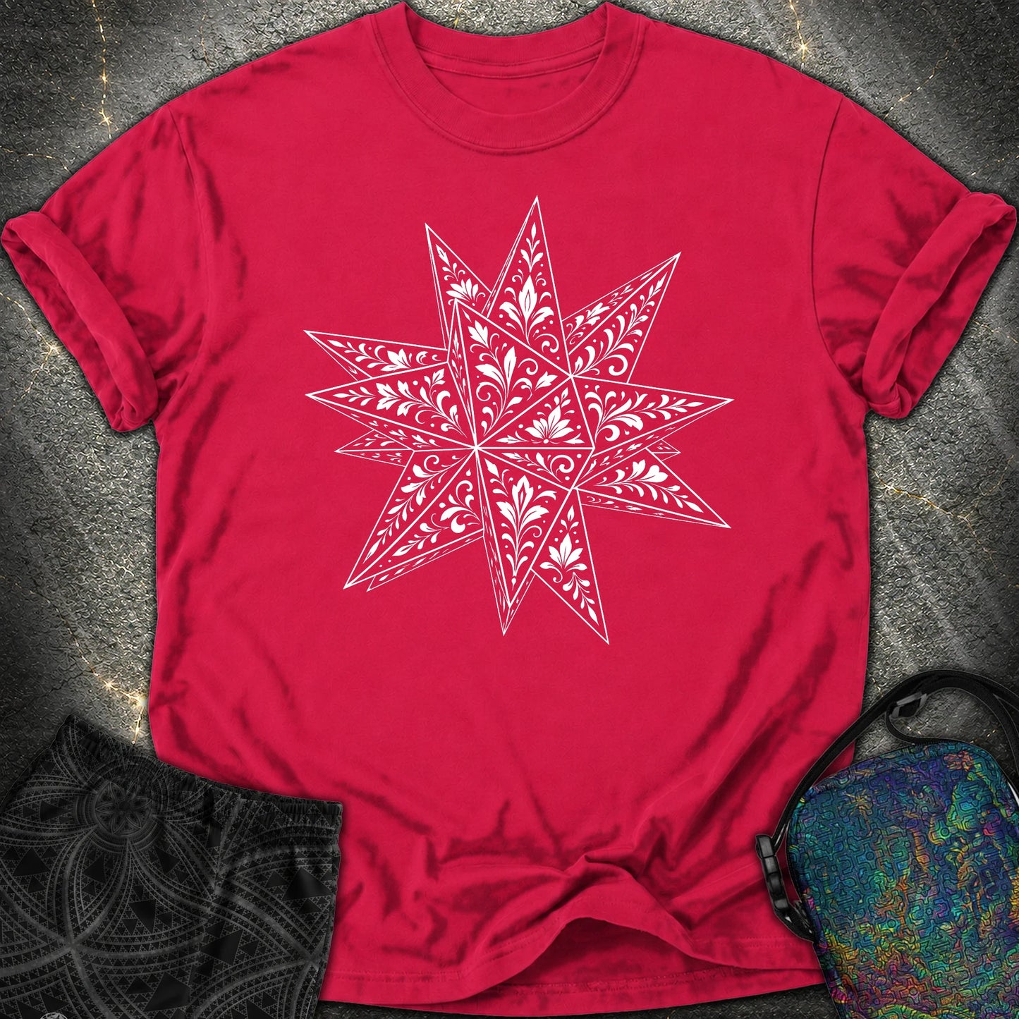 White Floral Stellated Dodecahedron Comfort T-Shirt - White Floral Stellated Dodecahedron Comfort T-Shirt - Red