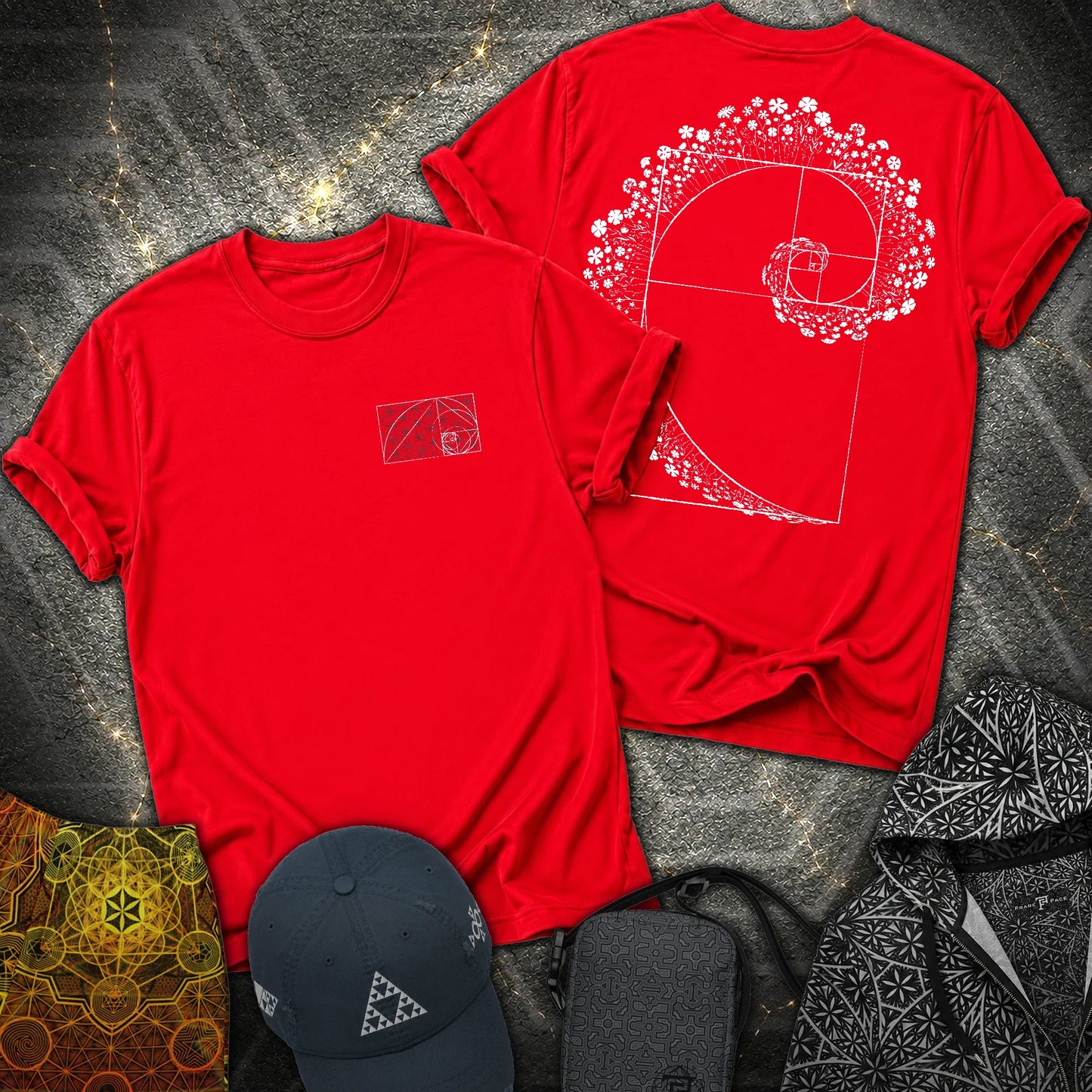 Floral Golden Ratio Spiral 2 Sided T-Shirt - Floral Golden Ratio Spiral 2 Sided T-Shirt - Red