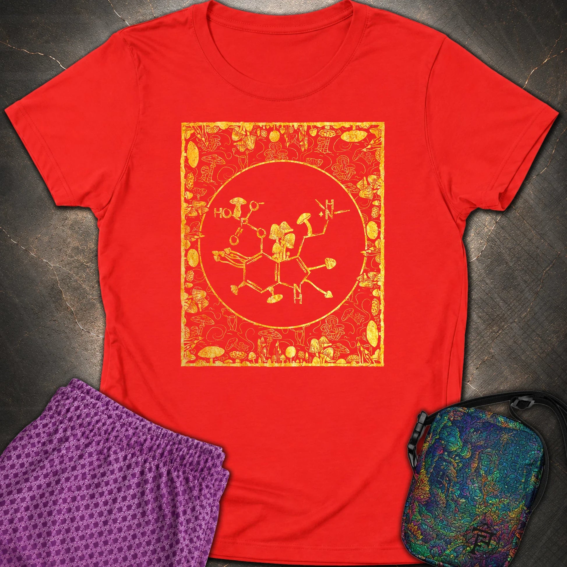 Psilocybin Molecule Mushroom Frame Womens T-Shirt - Psilocybin Molecule Mushroom Frame Womens T-Shirt - Red