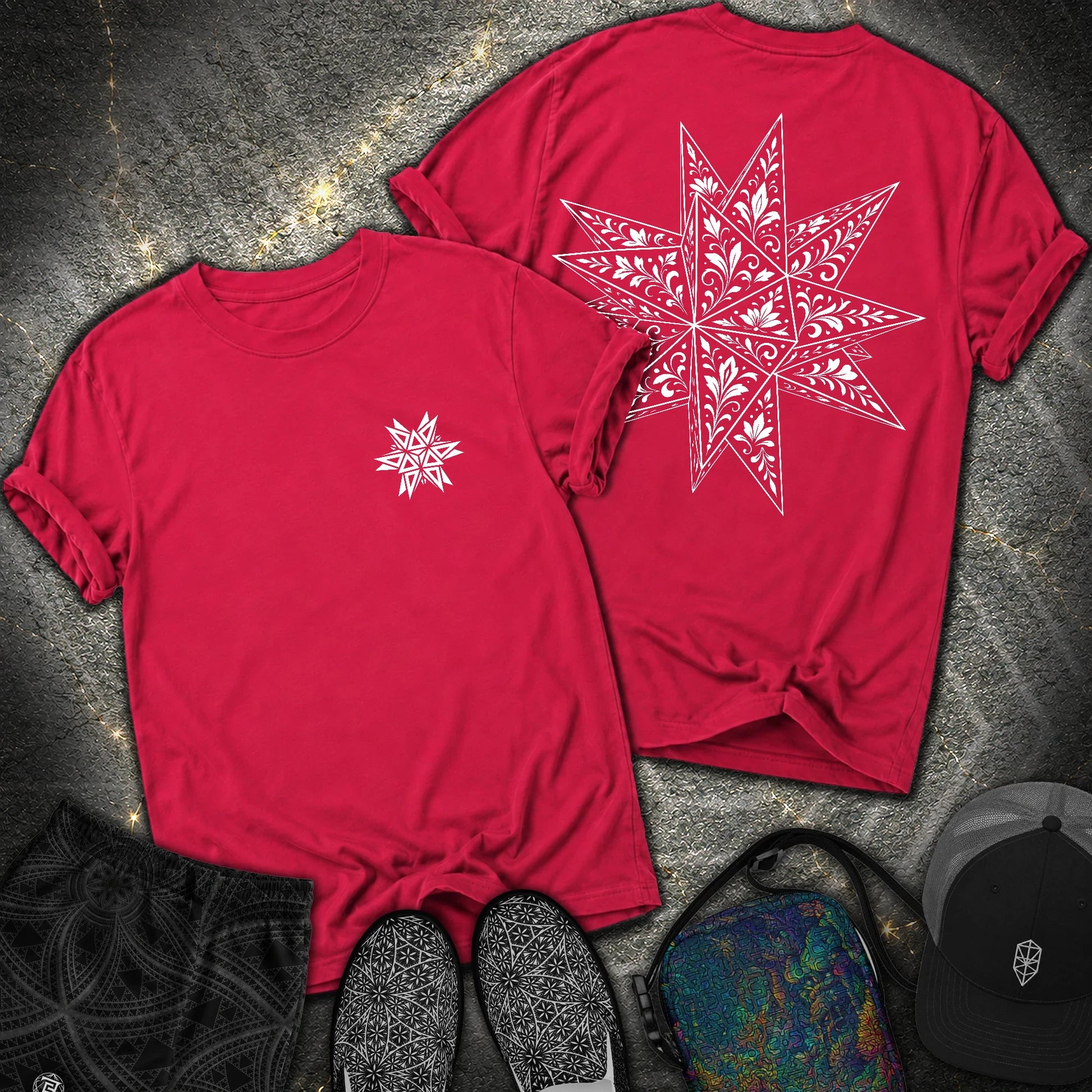 White Floral Stellated Dodecahedron 2 Sided Comfort T-Shirt - White Floral Stellated Dodecahedron 2 Sided Comfort T-Shirt - Red