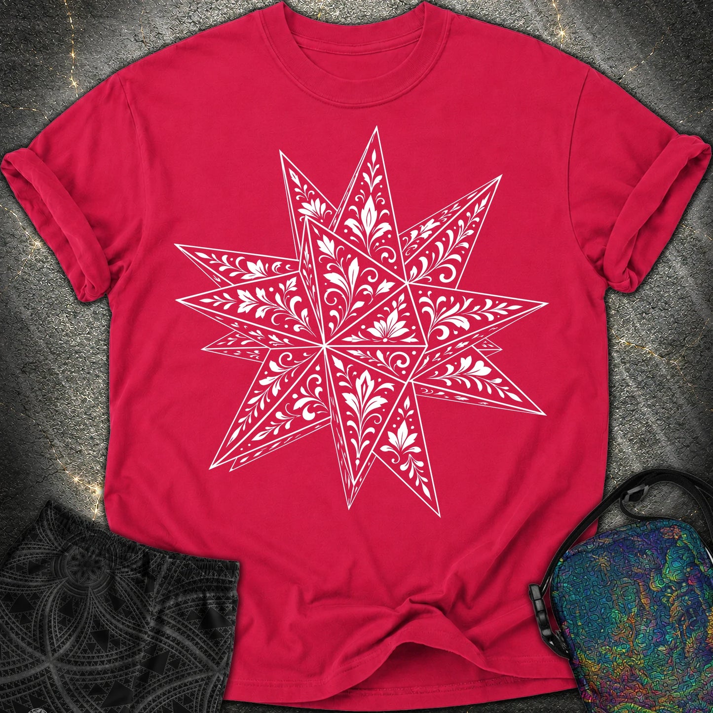 White Floral Stellated Dodecahedron - White Floral Stellated Dodecahedron Comfort T-Shirt - Red