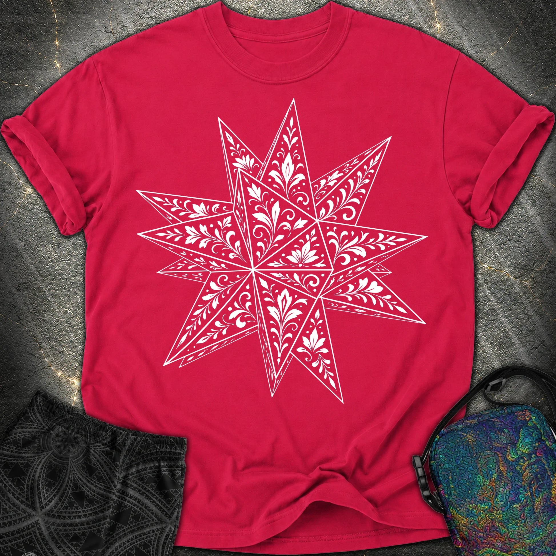 White Floral Stellated Dodecahedron - White Floral Stellated Dodecahedron Comfort T-Shirt - Red