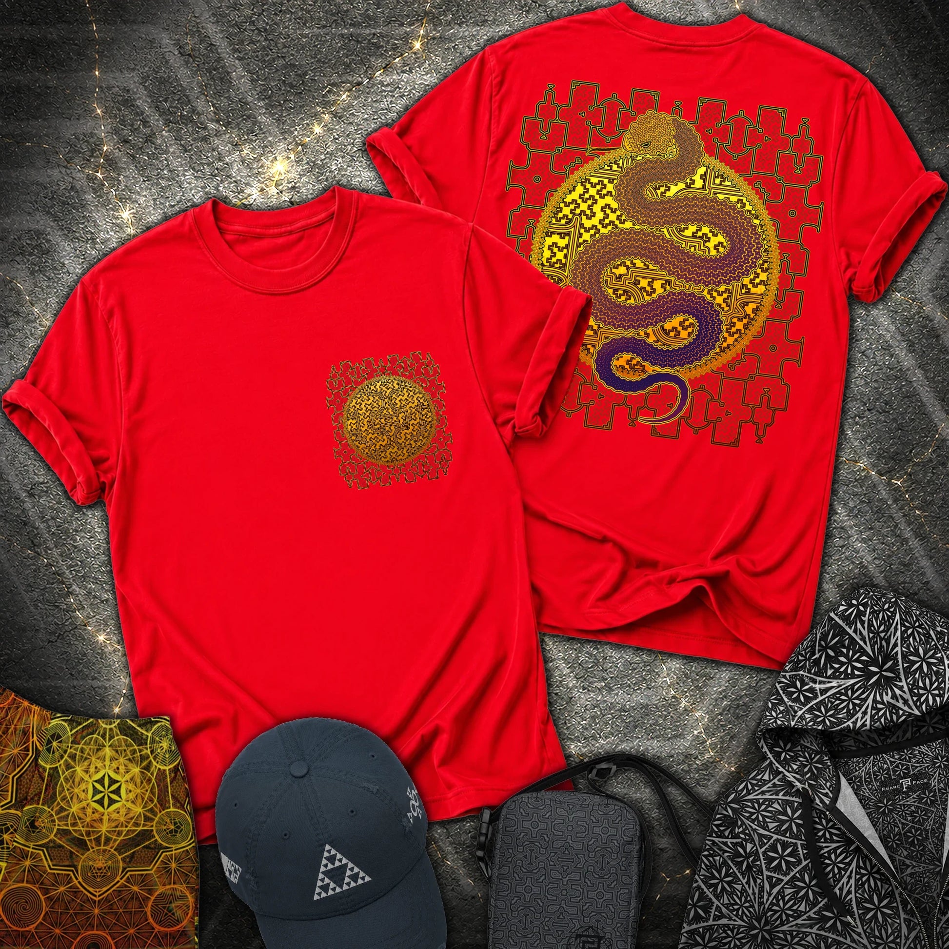 Shipibo Kene Cosmic Snake Comfort 2 Sided T-shirt - Shipibo Kene Cosmic Snake 2 Sided T-Shirt - Red