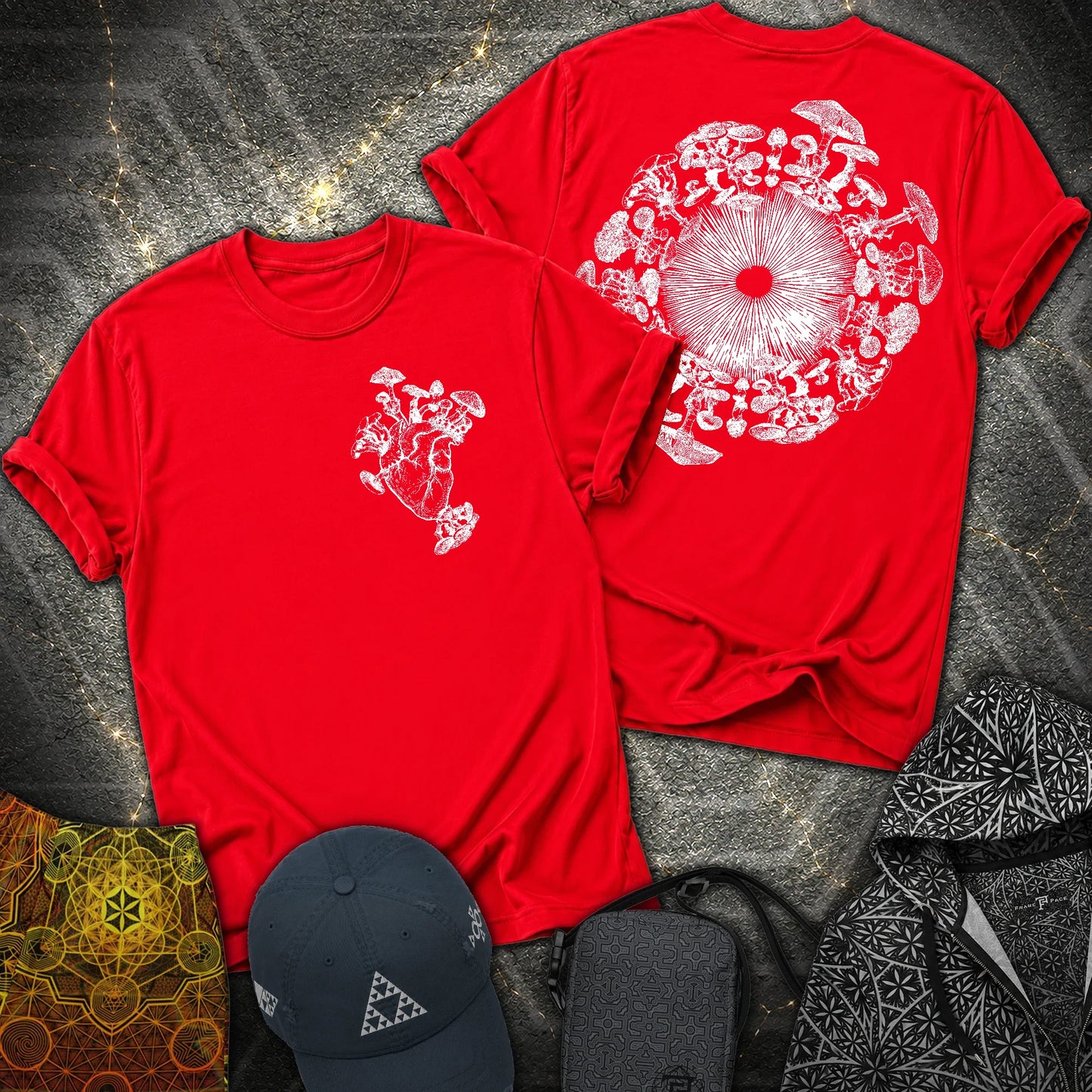 Mushroom Heart Mushroom Iris 2 Sided T-Shirt - Mushroom Heart Mushroom Iris 2 Sided T-Shirt - Red
