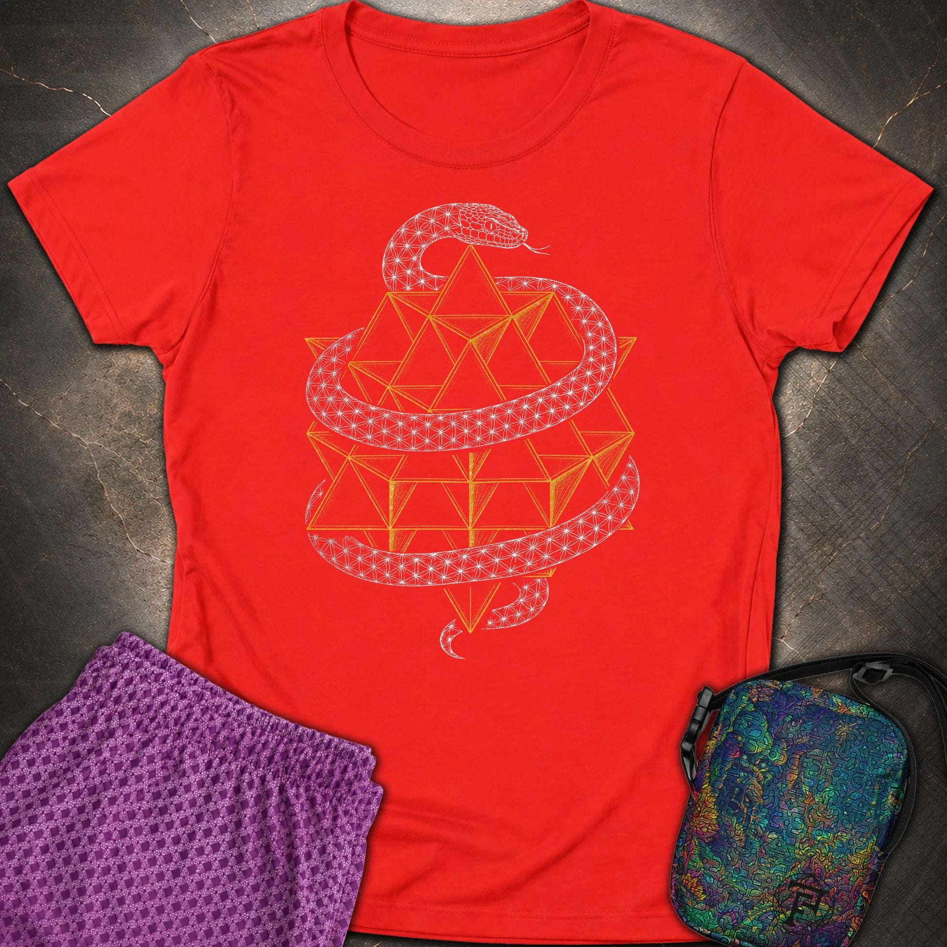Serpent Tetrahedron Merkaba Geometry - Serpent Tetrahedron Merkaba Geometry Womens T-Shirt - Red