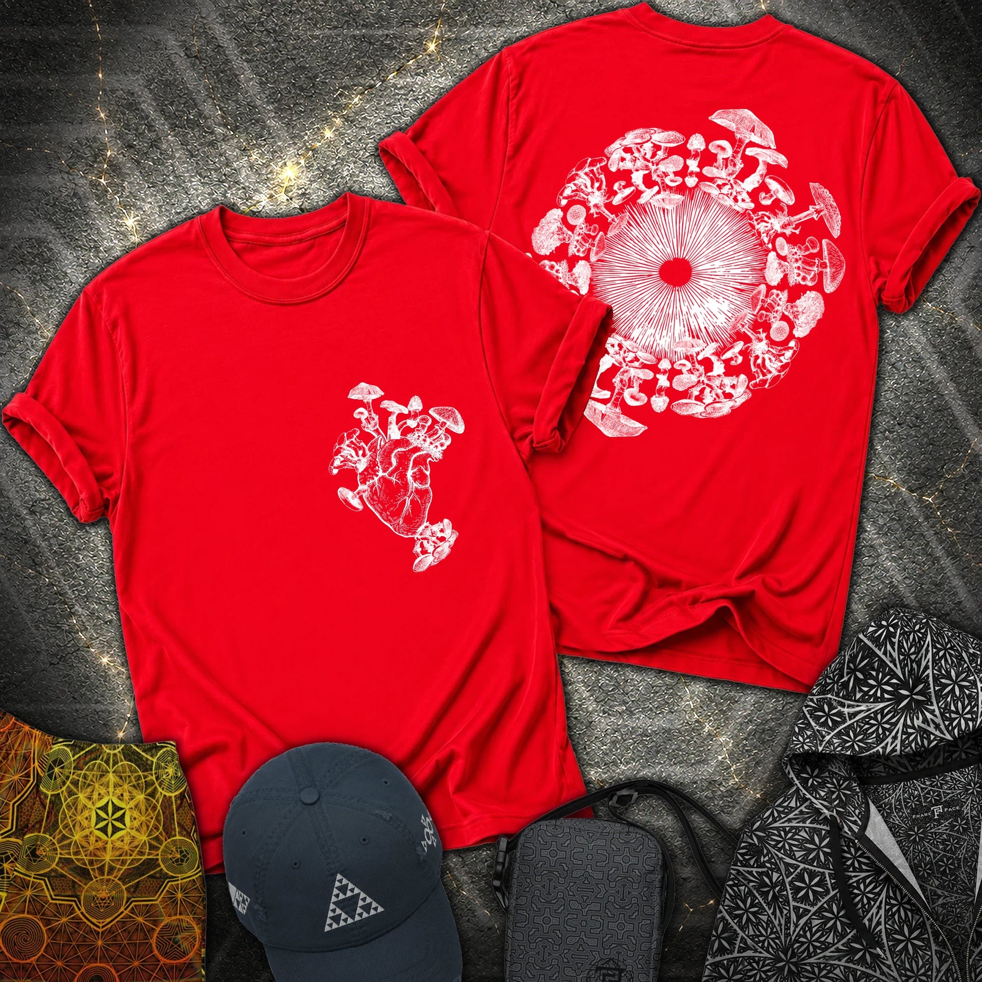 Mushroom Heart Mushroom Iris 2 Sided T-Shirt - Mushroom Heart Mushroom Iris 2 Sided T-Shirt - Red