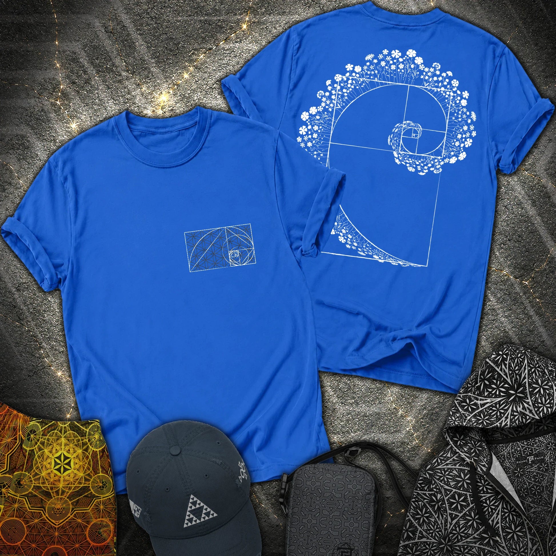 Floral Golden Ratio Spiral 2 Sided T-Shirt - Floral Golden Ratio Spiral 2 Sided T-Shirt - Royal