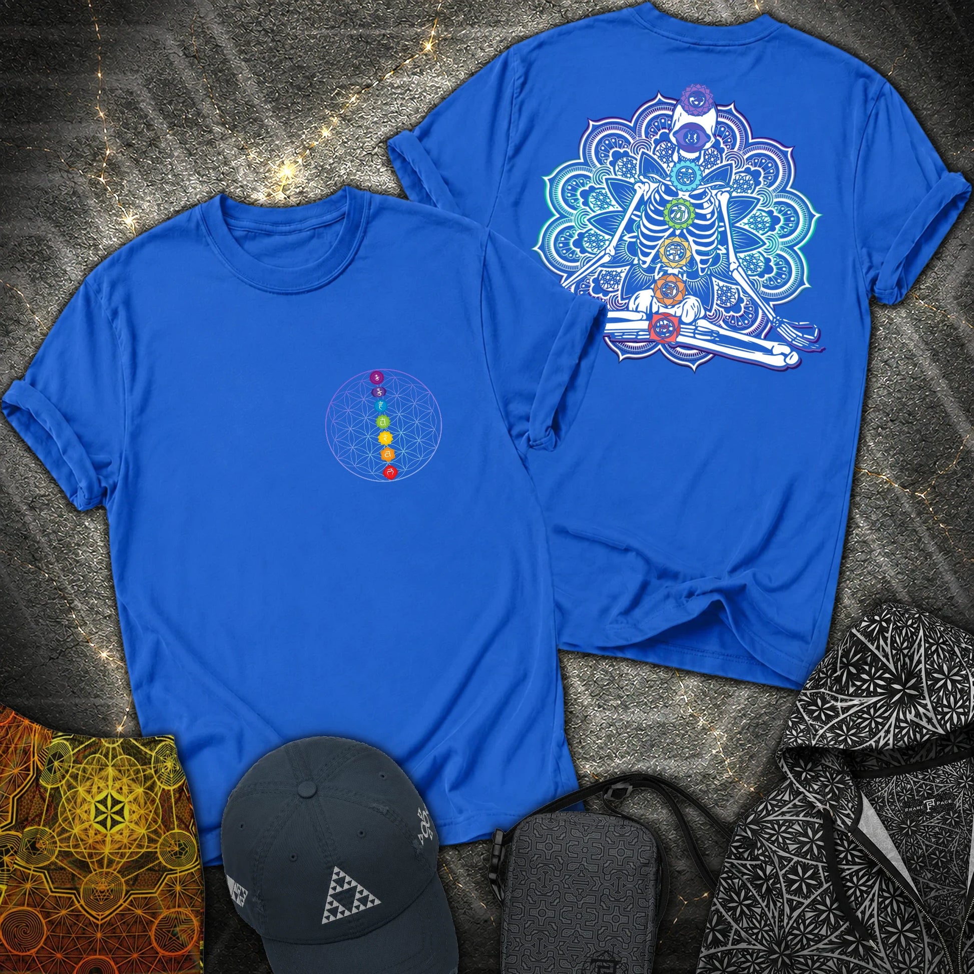 We Are One Meditating Skeleton 2 Sided T-Shirt - We Are One Meditating Skeleton 2 Sided T-Shirt - Royal
