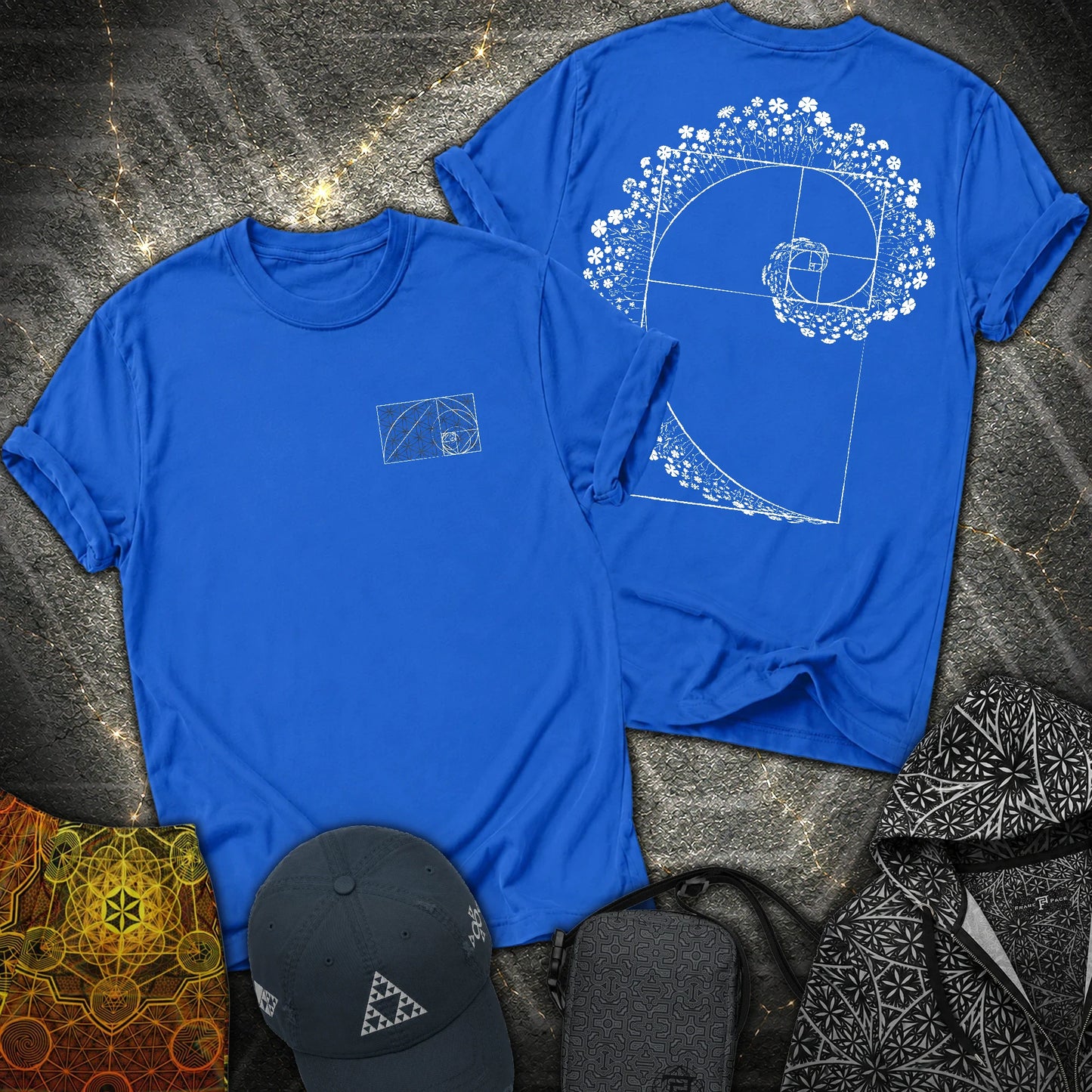 Floral Golden Ratio Spiral 2 Sided T-Shirt - Floral Golden Ratio Spiral 2 Sided T-Shirt - Royal