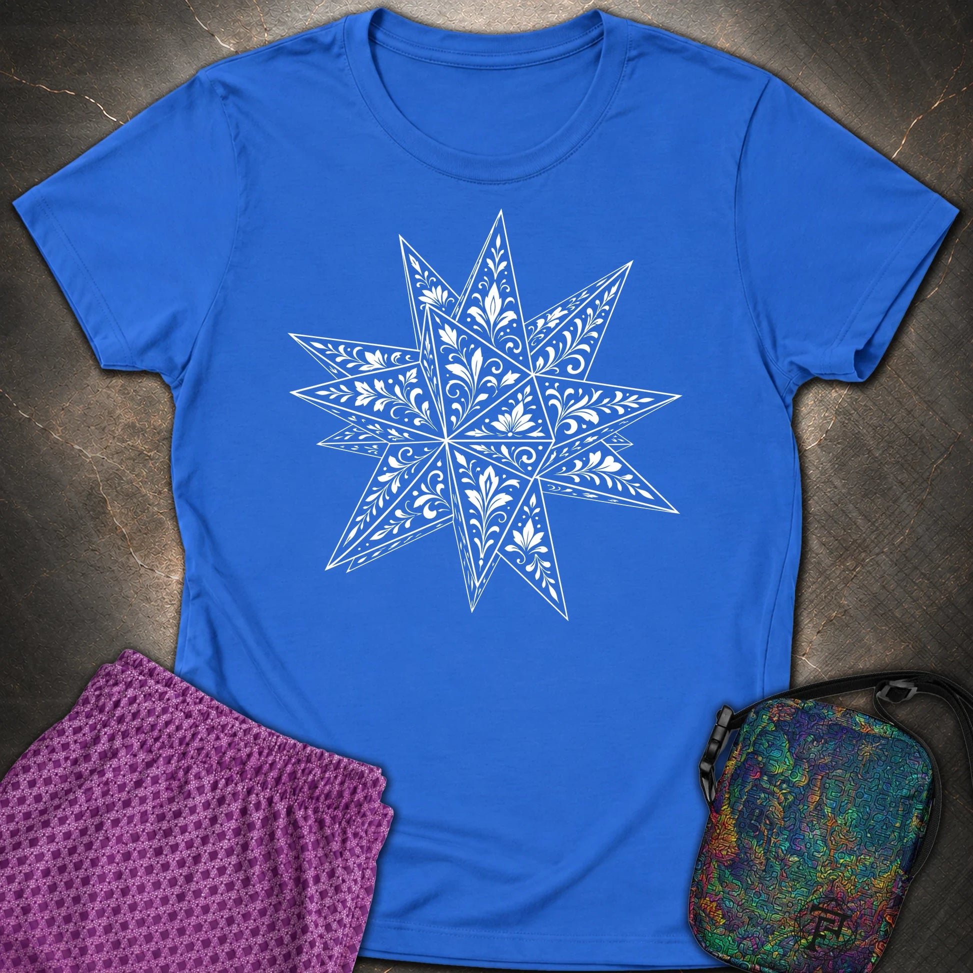 White Floral Stellated Dodecahedron - White Floral Stellated Dodecahedron Womens T-Shirt - Royal