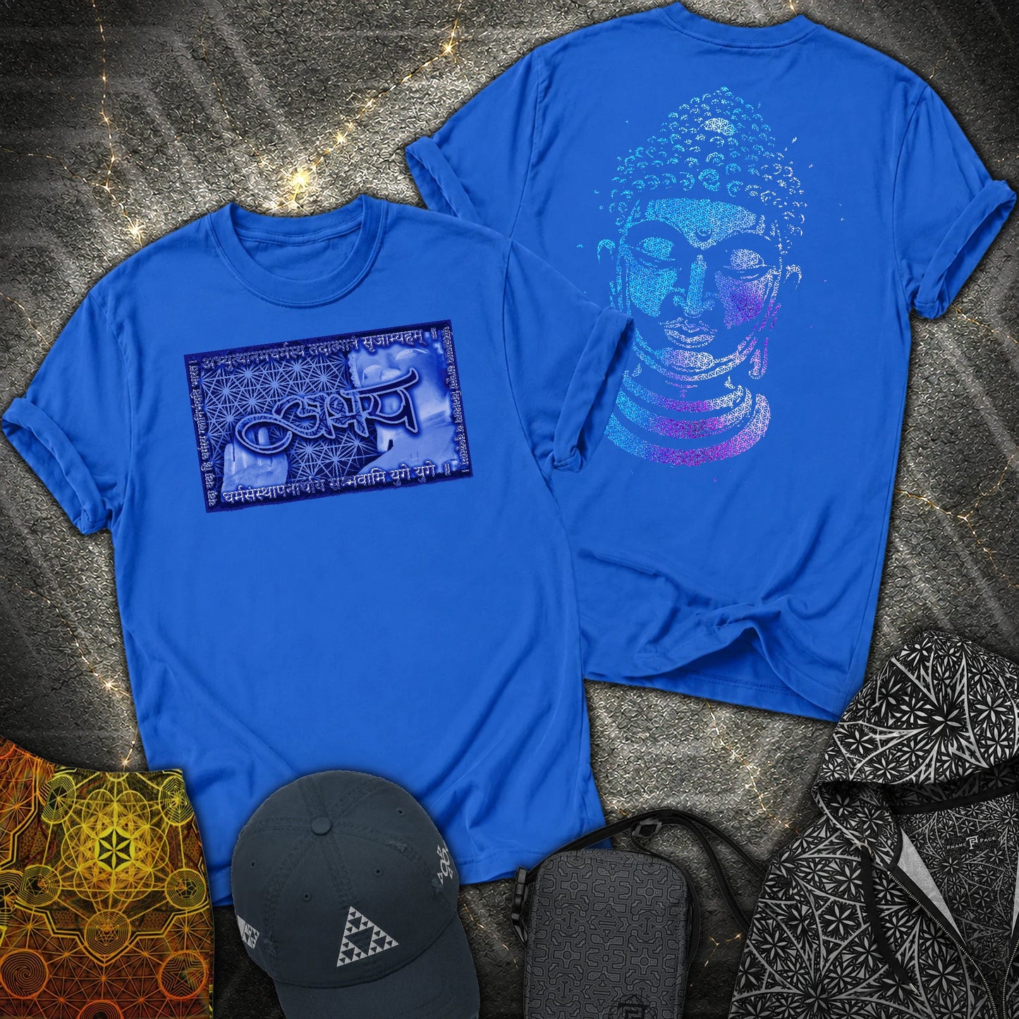 Fearless Buddha Sanskrit Flower Of Life 2 Sided T-Shirt - Fearless Buddha Sanskrit Flower Of Life 2 Sided T-Shirt - Royal