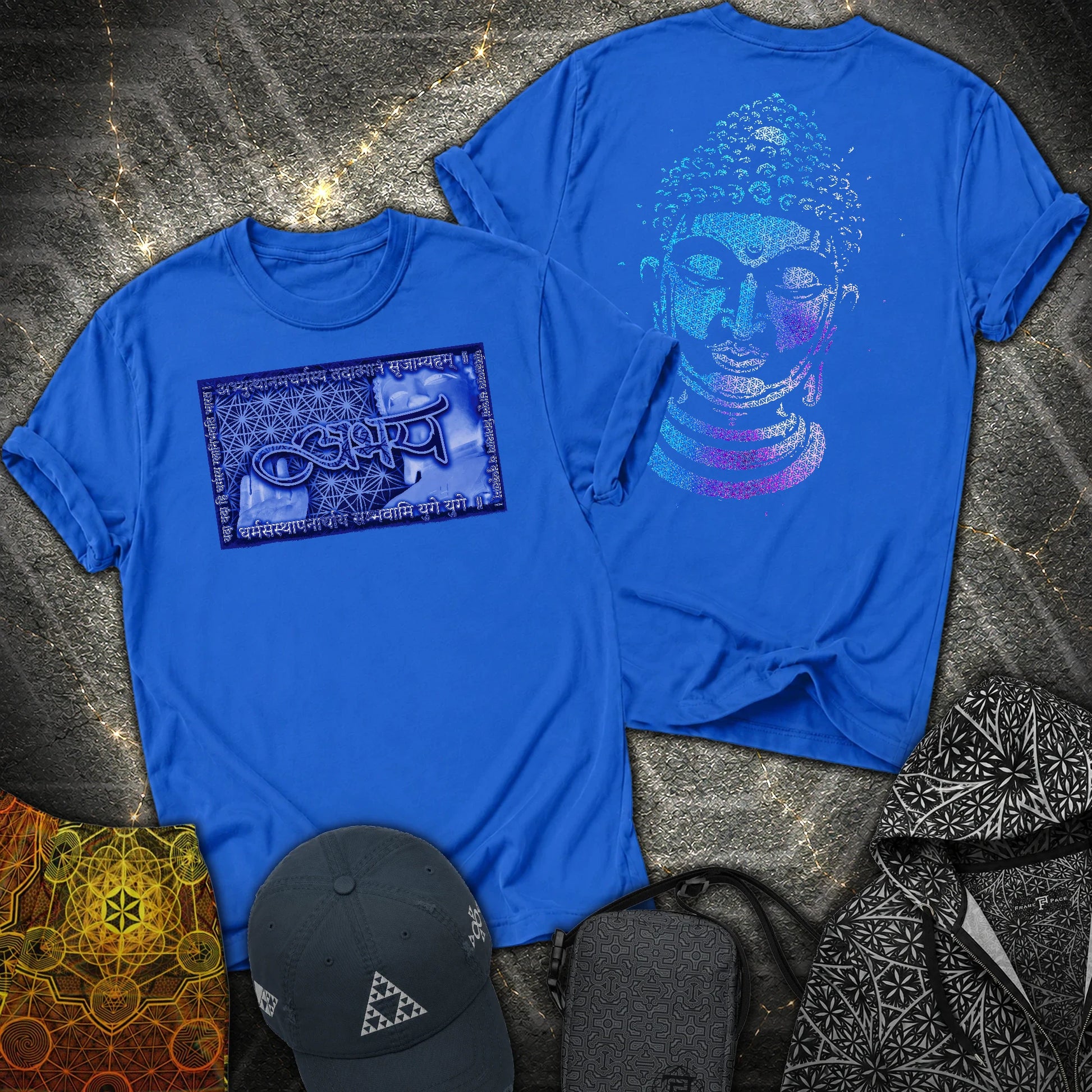 Fearless Buddha Sanskrit Flower Of Life 2 Sided T-Shirt - Fearless Buddha Sanskrit Flower Of Life 2 Sided T-Shirt - Royal