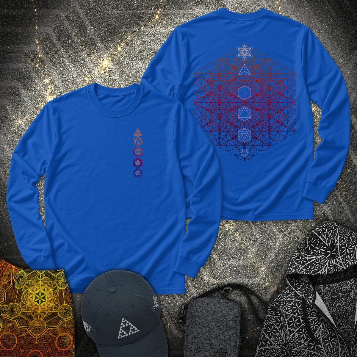 64 Tetrahedron Platonic Solids Metatron 2 Sided - 64 Tetrahedron Platonic Solids Metatron 2 Sided Long Sleeve Shirt - Royal
