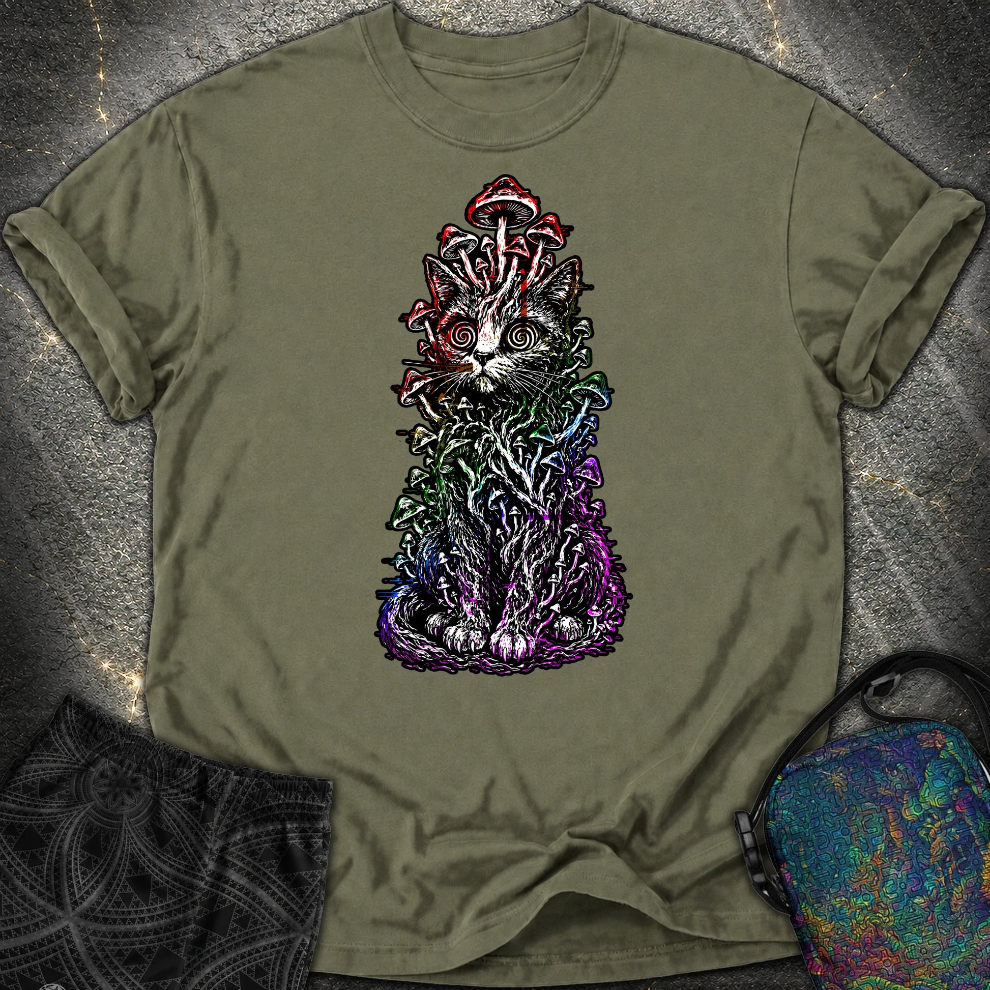 Trippy Mushroom Cat Comfort T-Shirt - Trippy Mushroom Cat Comfort T-Shirt - Sage